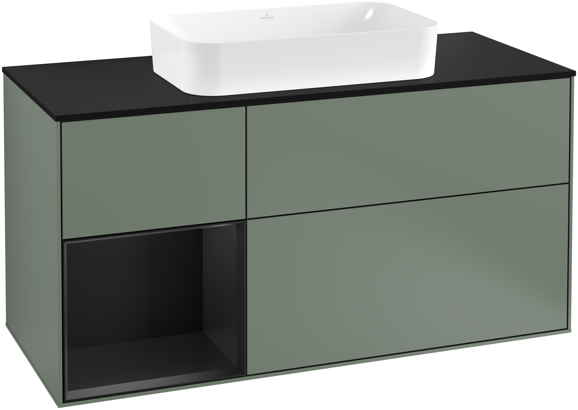 Villeroy & Boch Finion Meuble sous plan, avec éclairage, 3 tiroirs sur rails, 1200x603x501mm, Caisson: Olive Matt Lacquer, Façade: Olive Matt Lacquer, Élément d’étagère: Black Matt Lacquer, Plaque de recouvrement: Glass Black Matt