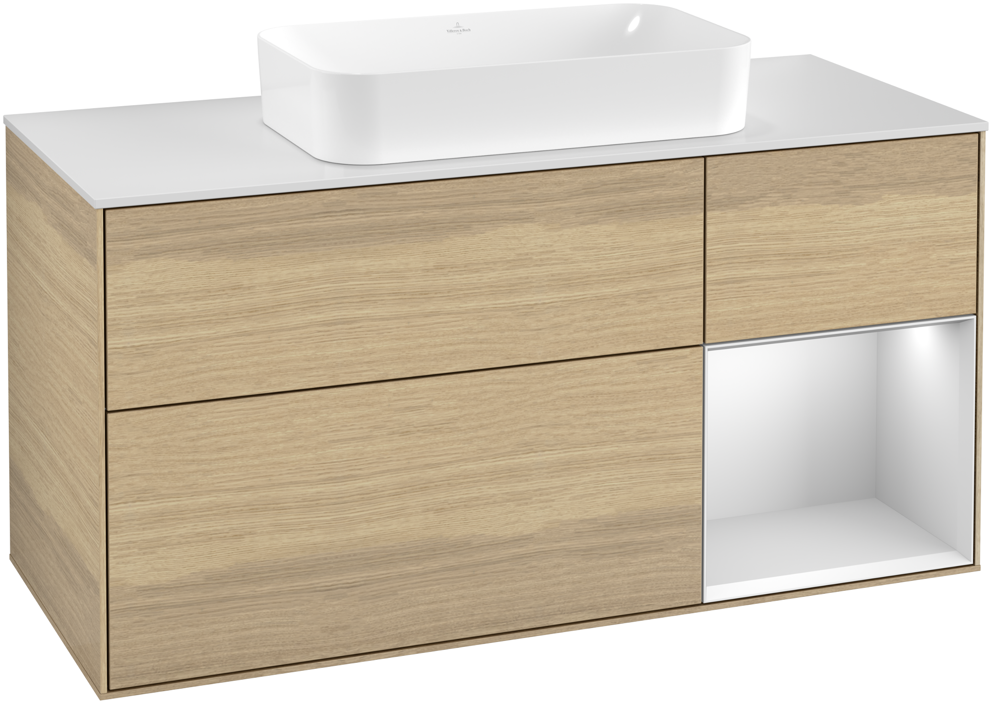 Villeroy & Boch Finion Meuble sous plan, avec éclairage, 3 tiroirs sur rails, 1200x603x501mm, Caisson: Oak Veneer, Façade: Oak Veneer, Élément d’étagère: White Matt Lacquer, Plaque de recouvrement: Glass White Matt