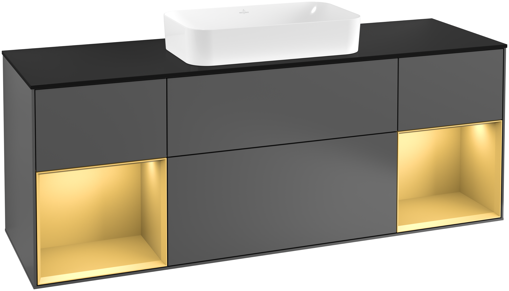 Villeroy & Boch Finion Waschbeckenunterschrank, mit Beleuchtung, 4 Auszüge, 1600x603x501mm, Korpus: Anthracite Matt Lacquer, Front: Anthracite Matt Lacquer, Regalelement: Gold Matt Lacquer, Abdeckplatte: Glass Black Matt