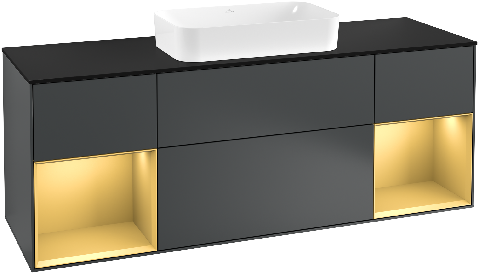 Villeroy & Boch Finion Waschbeckenunterschrank, mit Beleuchtung, 4 Auszüge, 1600x603x501mm, Korpus: Midnight Blue Matt Lacquer, Front: Midnight Blue Matt Lacquer, Regalelement: Gold Matt Lacquer, Abdeckplatte: Glass Black Matt