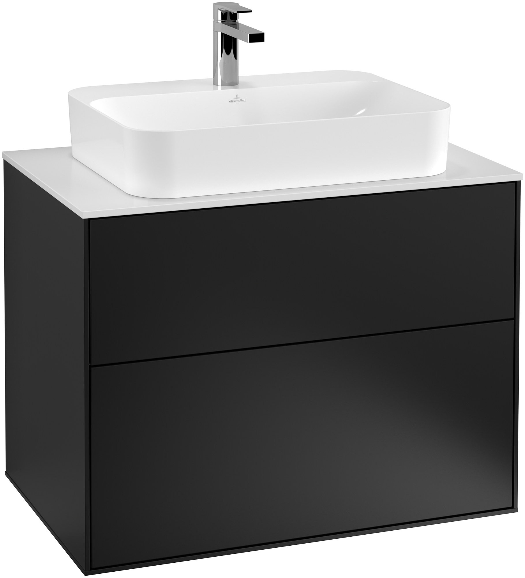 Villeroy & Boch Finion Waschbeckenunterschrank, 2 Auszüge, 800x603x501mm, Korpus: Black Matt Lacquer, Front: Black Matt Lacquer, Abdeckplatte: Glass White Matt