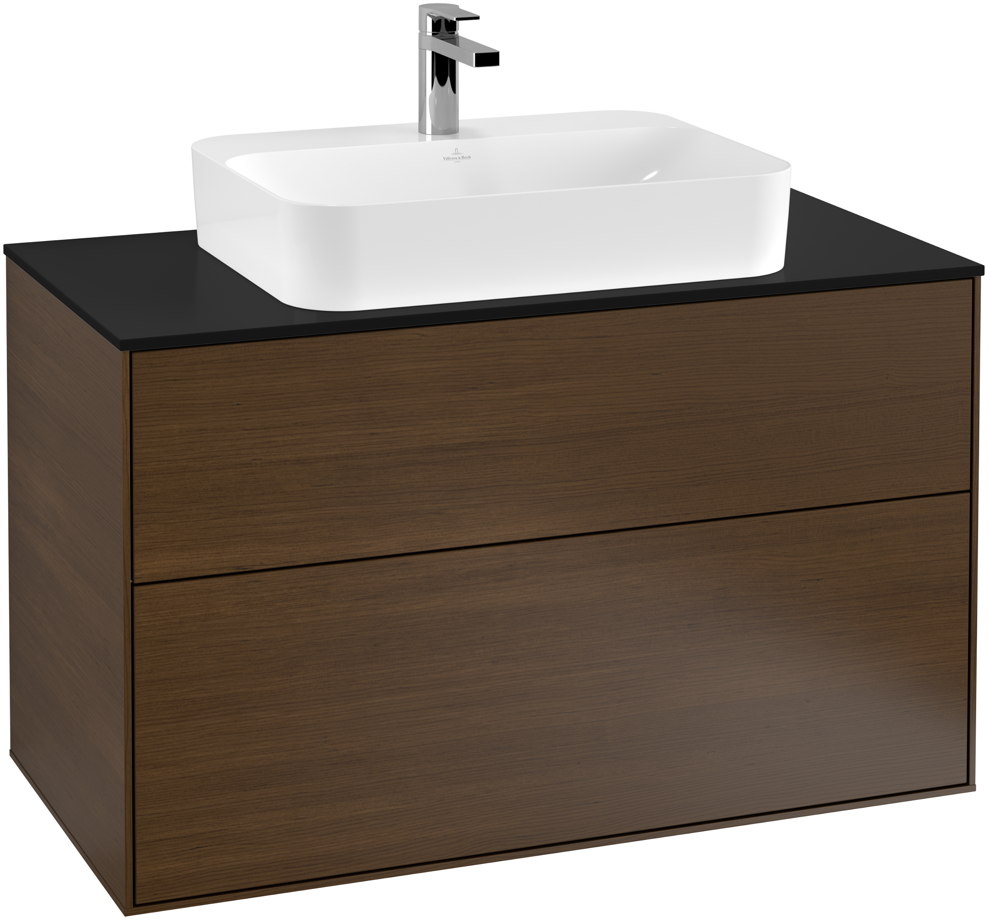 Villeroy & Boch Finion Waschbeckenunterschrank, 2 Auszüge, 1000x603x501mm, Korpus: Walnut Veneer, Front: Walnut Veneer, Abdeckplatte: Glass Black Matt