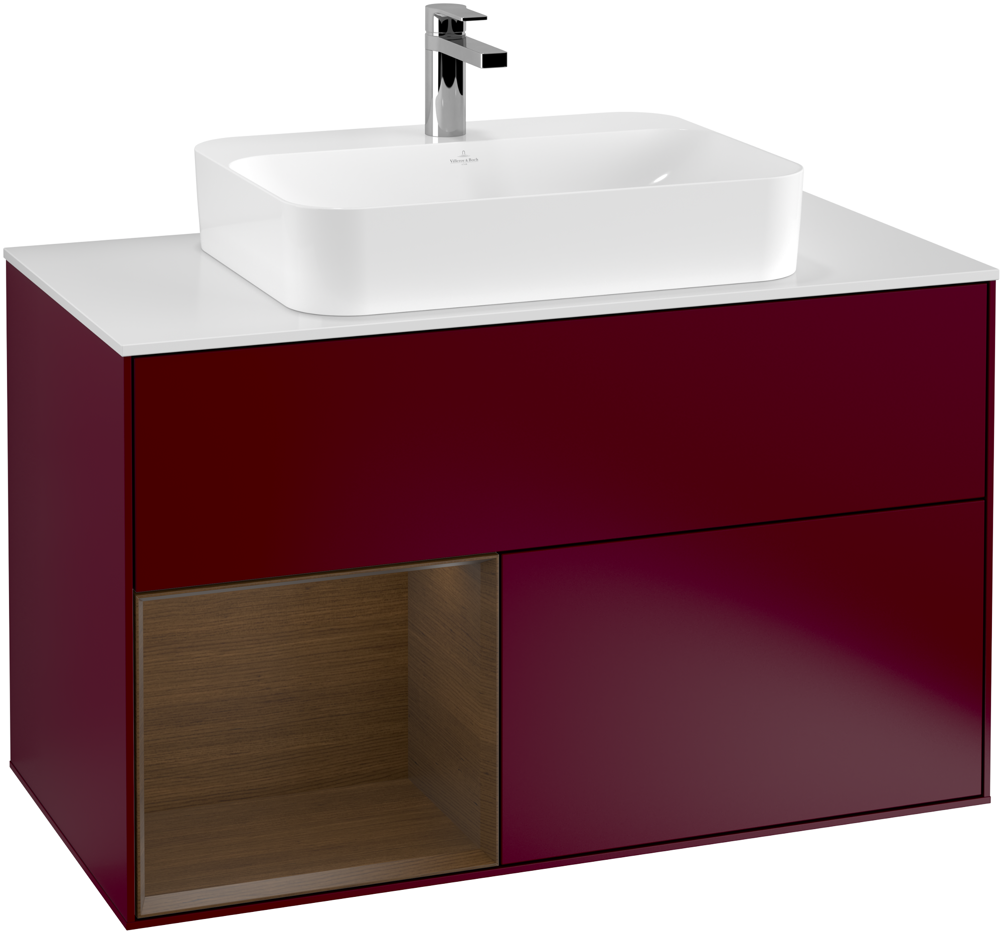 Villeroy & Boch Finion Meuble sous plan, avec éclairage, 2 tiroirs sur rails, 1000x603x501mm, Caisson: Peony Matt Lacquer, Façade: Peony Matt Lacquer, Élément d’étagère: Walnut Veneer, Plaque de recouvrement: Glass White Matt
