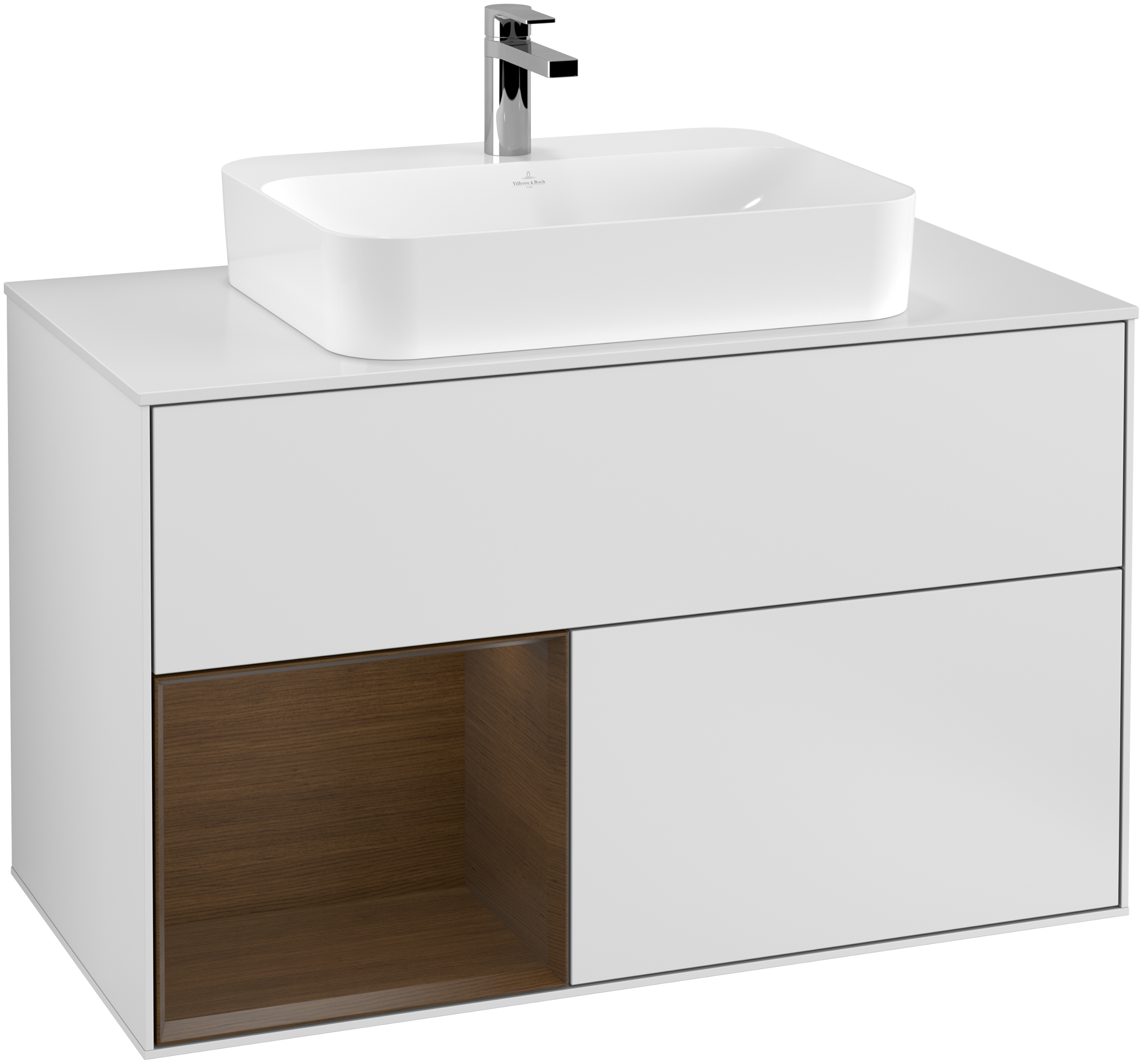 Villeroy & Boch Finion Meuble sous plan, avec éclairage, 2 tiroirs sur rails, 1000x603x501mm, Caisson: White Matt Lacquer, Façade: White Matt Lacquer, Élément d’étagère: Walnut Veneer, Plaque de recouvrement: Glass White Matt