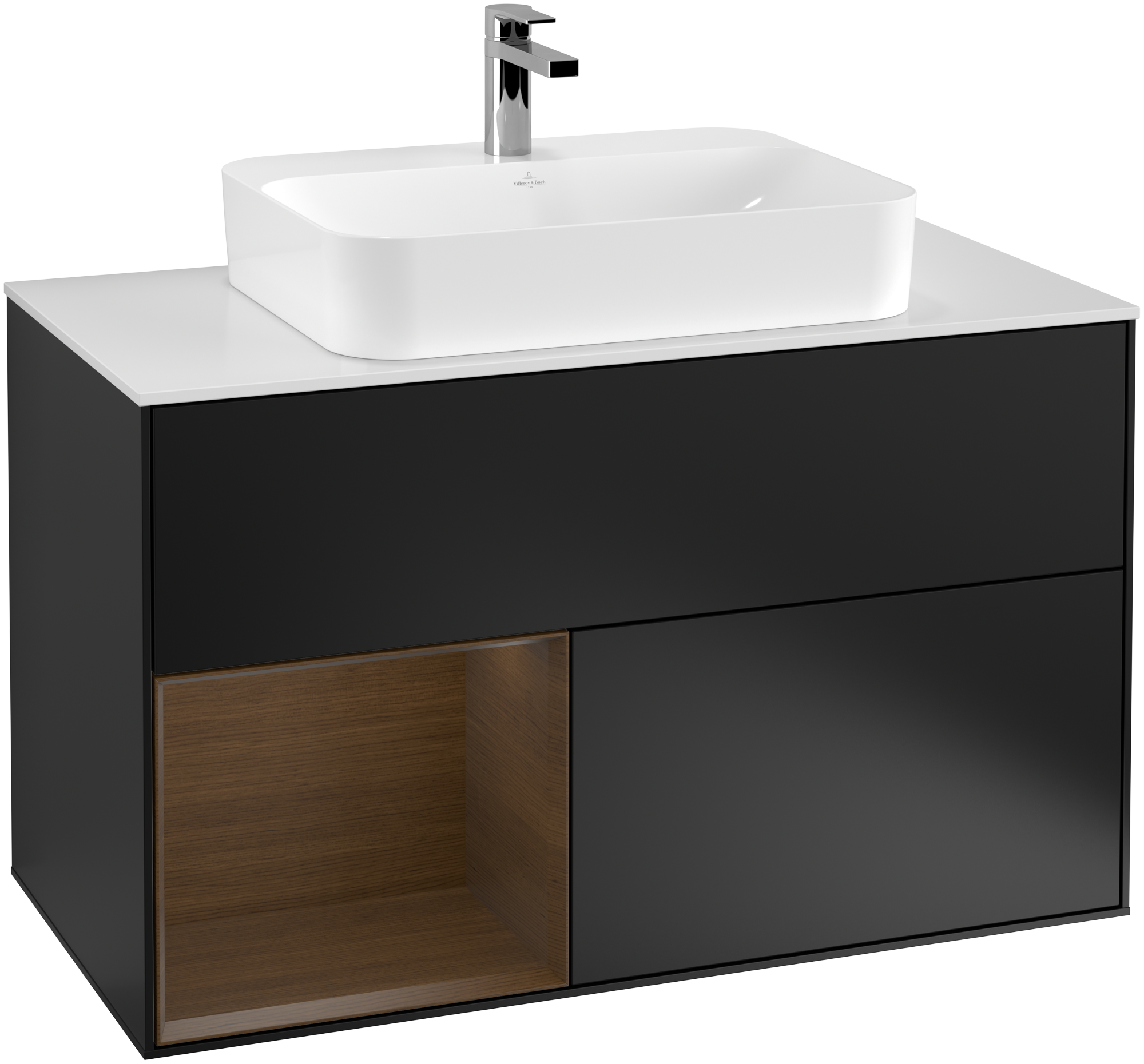 Villeroy & Boch Finion Meuble sous plan, avec éclairage, 2 tiroirs sur rails, 1000x603x501mm, Caisson: Black Matt Lacquer, Façade: Black Matt Lacquer, Élément d’étagère: Walnut Veneer, Plaque de recouvrement: Glass White Matt
