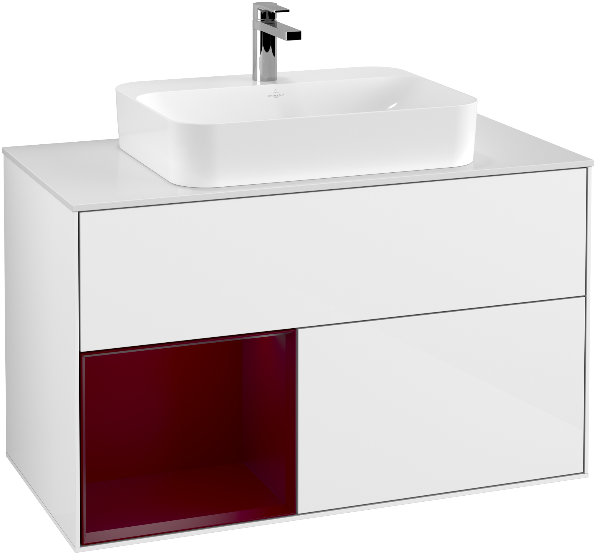 Villeroy & Boch Finion Meuble sous plan, avec éclairage, 2 tiroirs sur rails, 1000x603x501mm, Caisson: Glossy White Lacquer, Façade: Glossy White Lacquer, Élément d’étagère: Peony Matt Lacquer, Plaque de recouvrement: Glass White Matt