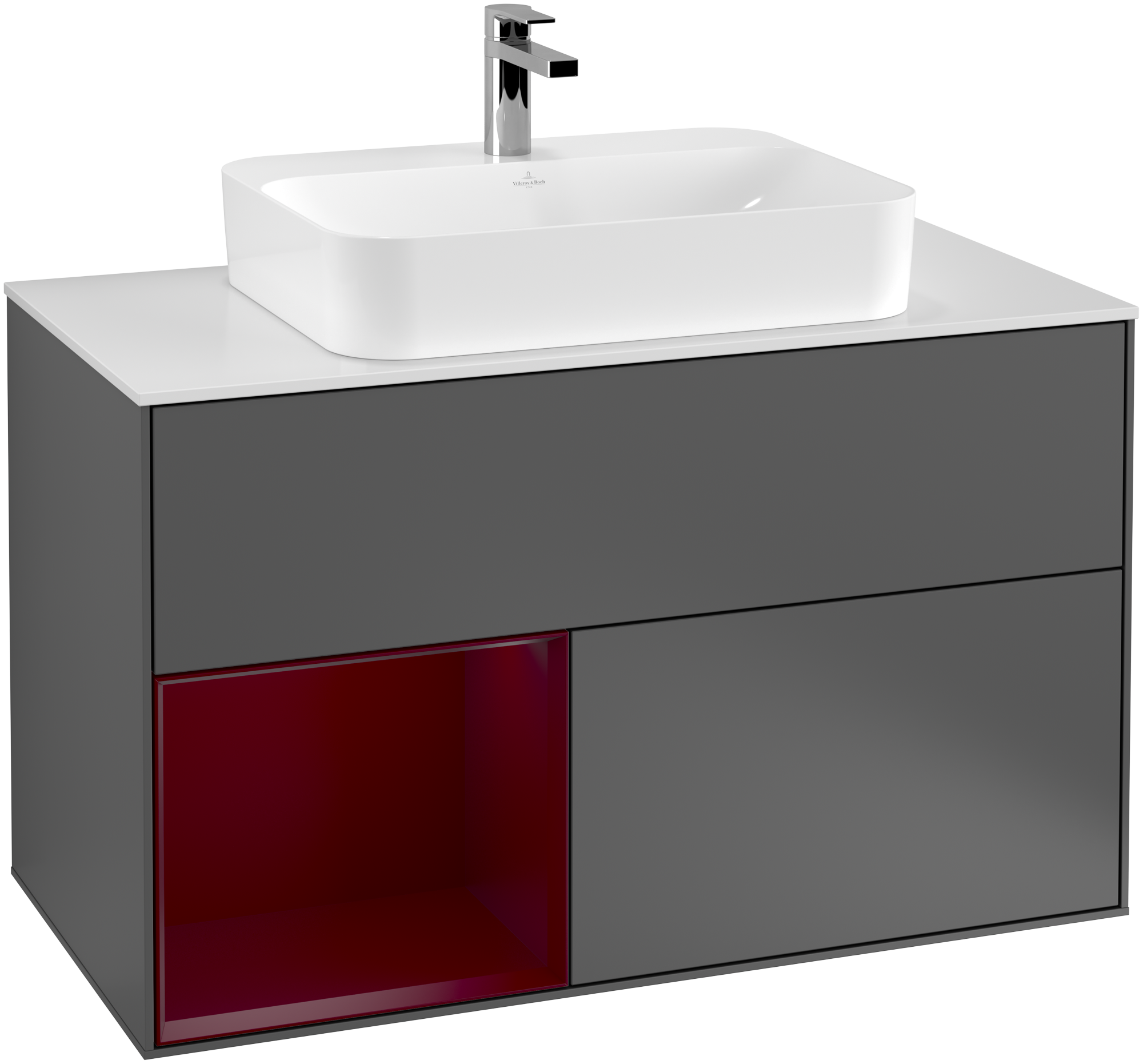 Villeroy & Boch Finion Meuble sous plan, avec éclairage, 2 tiroirs sur rails, 1000x603x501mm, Caisson: Anthracite Matt Lacquer, Façade: Anthracite Matt Lacquer, Élément d’étagère: Peony Matt Lacquer, Plaque de recouvrement: Glass White Matt