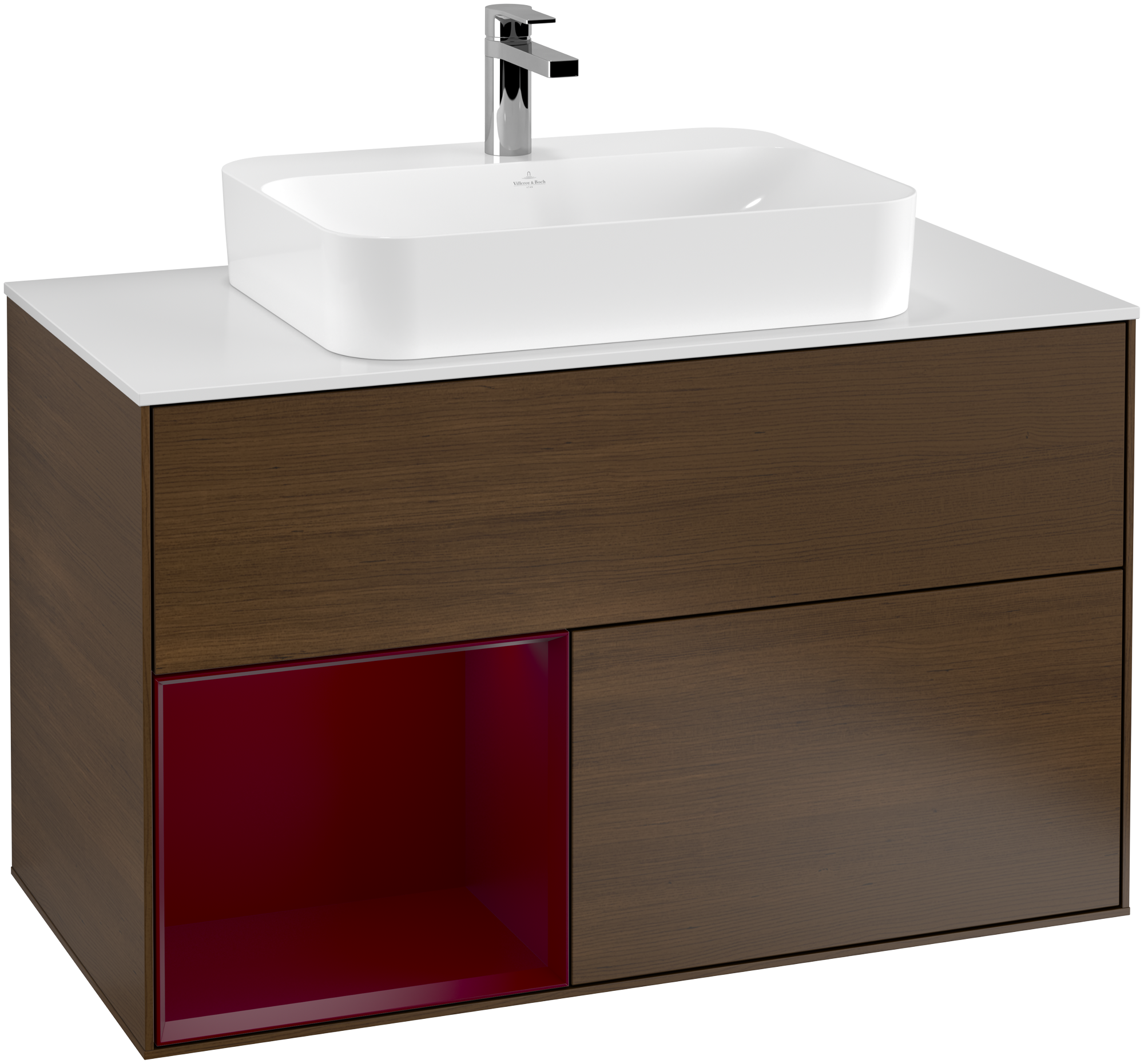 Villeroy & Boch Finion Meuble sous plan, avec éclairage, 2 tiroirs sur rails, 1000x603x501mm, Caisson: Walnut Veneer, Façade: Walnut Veneer, Élément d’étagère: Peony Matt Lacquer, Plaque de recouvrement: Glass White Matt