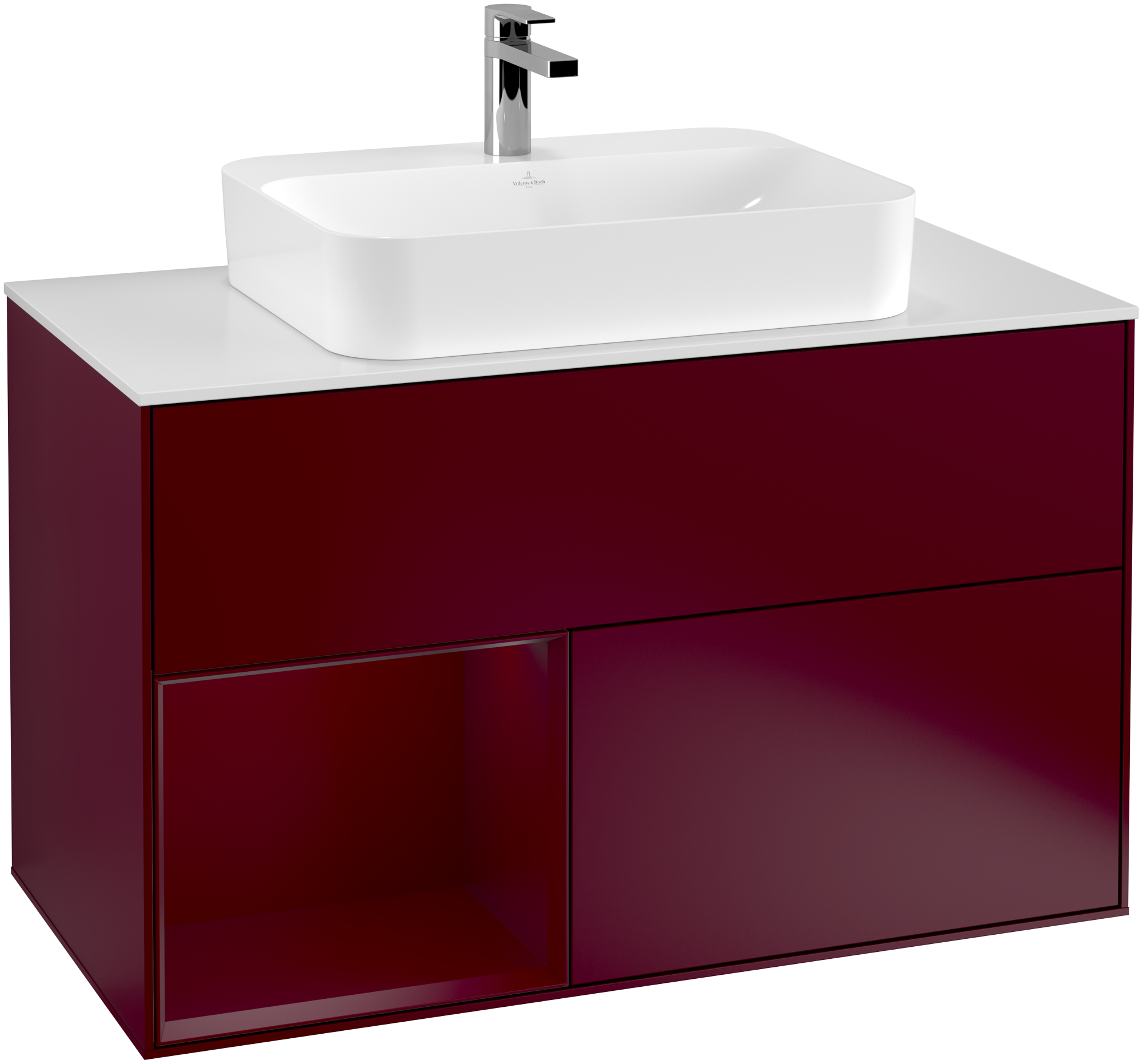 Villeroy & Boch Finion Meuble sous plan, avec éclairage, 2 tiroirs sur rails, 1000x603x501mm, Caisson: Peony Matt Lacquer, Façade: Peony Matt Lacquer, Élément d’étagère: Peony Matt Lacquer, Plaque de recouvrement: Glass White Matt