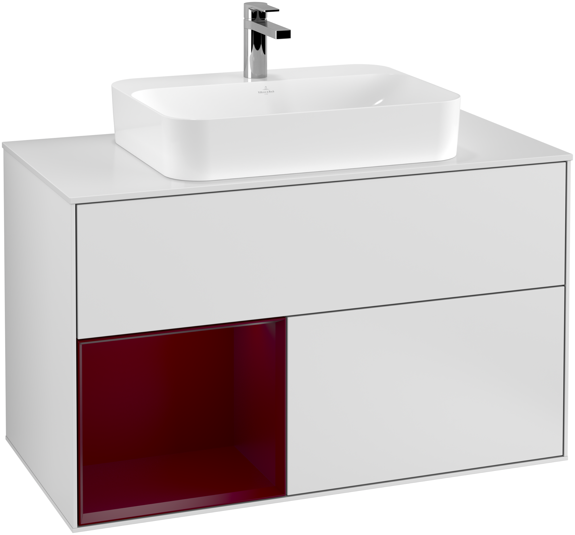 Villeroy & Boch Finion Meuble sous plan, avec éclairage, 2 tiroirs sur rails, 1000x603x501mm, Caisson: White Matt Lacquer, Façade: White Matt Lacquer, Élément d’étagère: Peony Matt Lacquer, Plaque de recouvrement: Glass White Matt