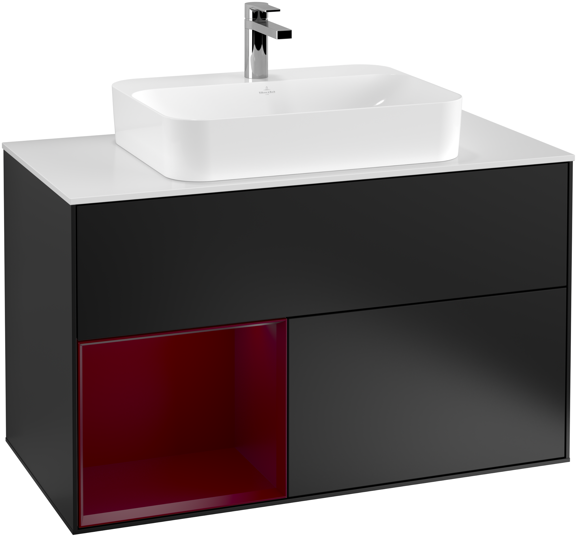 Villeroy & Boch Finion Meuble sous plan, avec éclairage, 2 tiroirs sur rails, 1000x603x501mm, Caisson: Black Matt Lacquer, Façade: Black Matt Lacquer, Élément d’étagère: Peony Matt Lacquer, Plaque de recouvrement: Glass White Matt