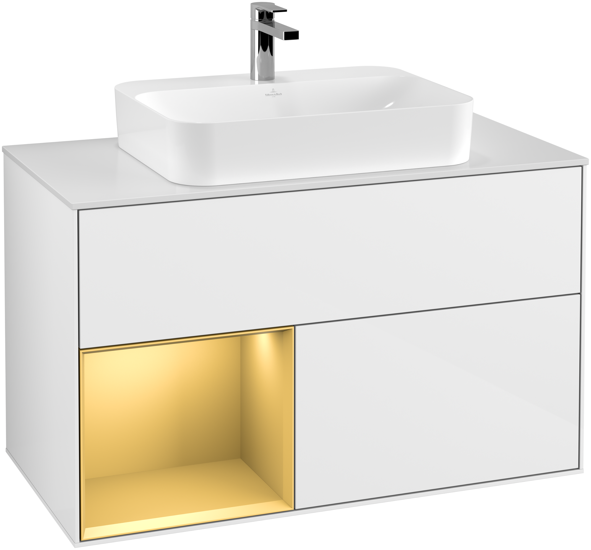 Villeroy & Boch Finion Waschbeckenunterschrank, mit Beleuchtung, 2 Auszüge, 1000x603x501mm, Korpus: Glossy White Lacquer, Front: Glossy White Lacquer, Regalelement: Gold Matt Lacquer, Abdeckplatte: Glass White Matt
