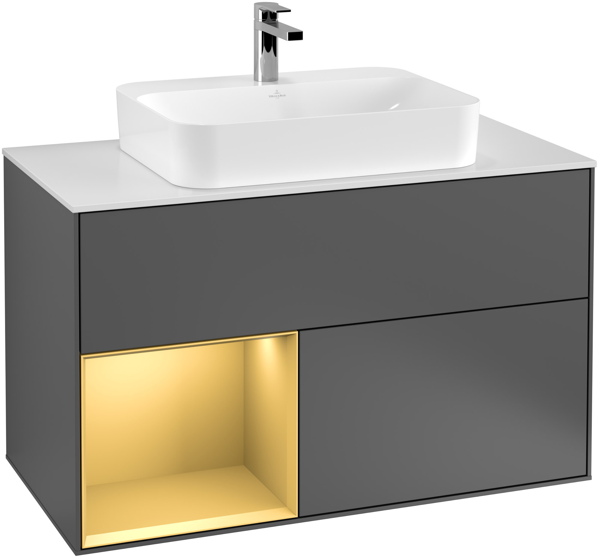 Villeroy & Boch Finion Meuble sous plan, avec éclairage, 2 tiroirs sur rails, 1000x603x501mm, Caisson: Anthracite Matt Lacquer, Façade: Anthracite Matt Lacquer, Élément d’étagère: Gold Matt Lacquer, Plaque de recouvrement: Glass White Matt