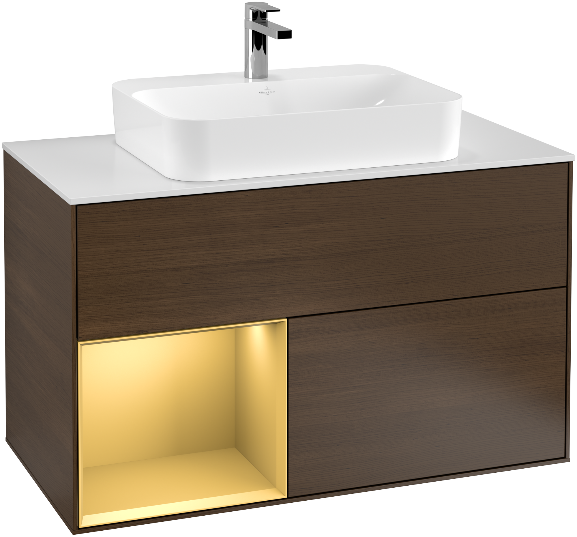 Villeroy & Boch Finion Meuble sous plan, avec éclairage, 2 tiroirs sur rails, 1000x603x501mm, Caisson: Walnut Veneer, Façade: Walnut Veneer, Élément d’étagère: Gold Matt Lacquer, Plaque de recouvrement: Glass White Matt
