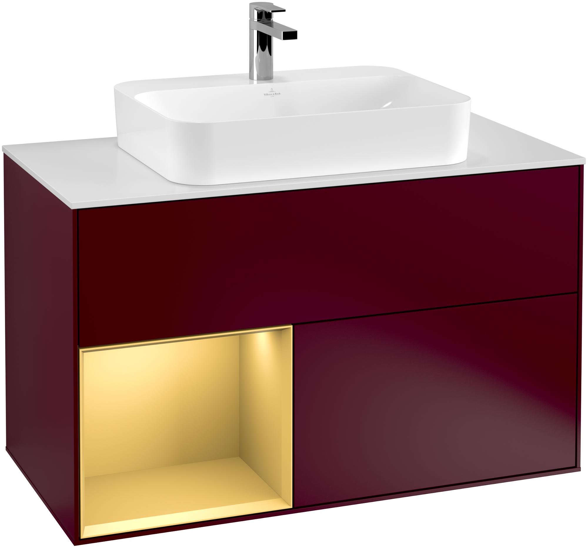 Villeroy & Boch Finion Meuble sous plan, avec éclairage, 2 tiroirs sur rails, 1000x603x501mm, Caisson: Peony Matt Lacquer, Façade: Peony Matt Lacquer, Élément d’étagère: Gold Matt Lacquer, Plaque de recouvrement: Glass White Matt