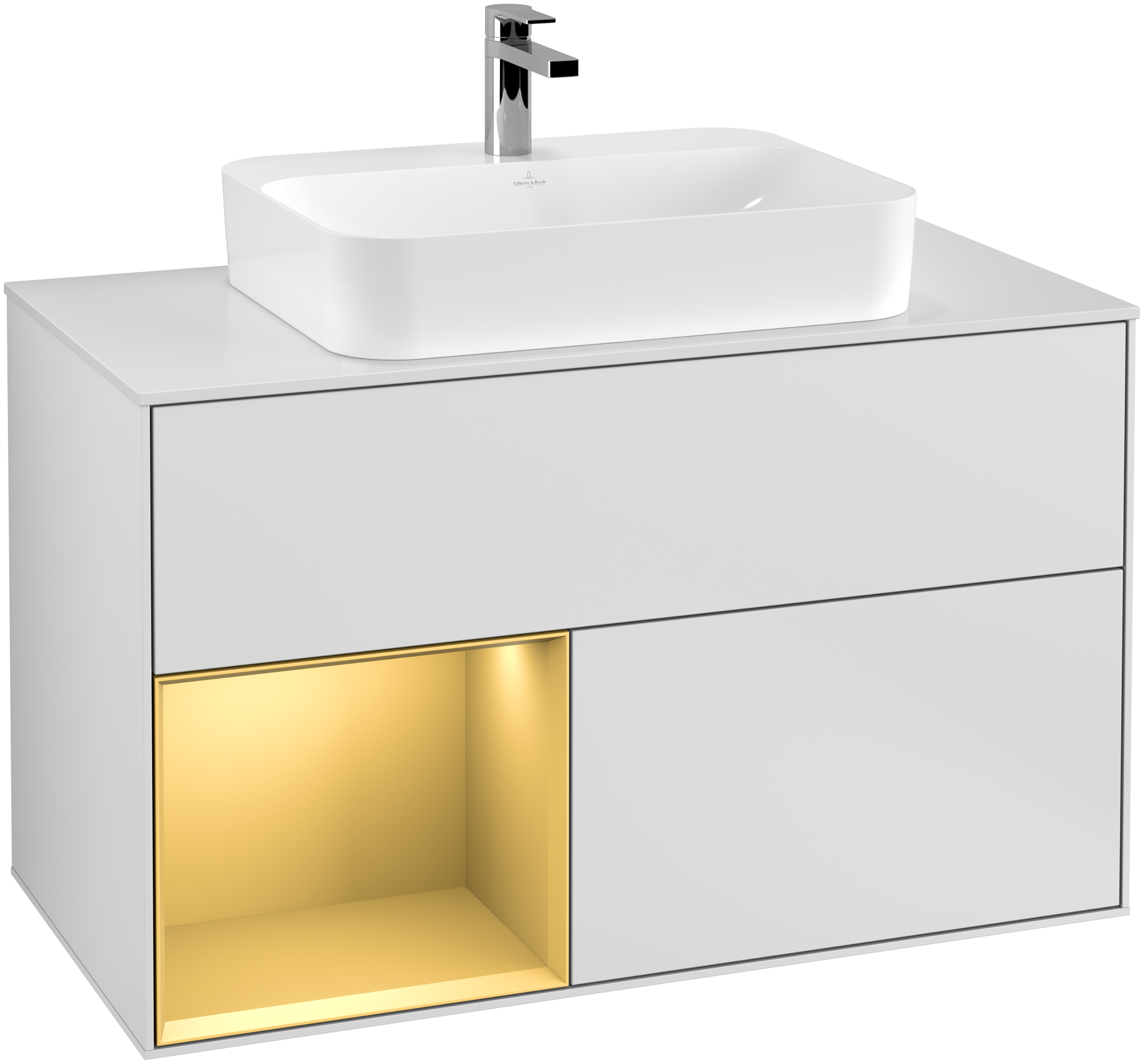 Villeroy & Boch Finion Meuble sous plan, avec éclairage, 2 tiroirs sur rails, 1000x603x501mm, Caisson: White Matt Lacquer, Façade: White Matt Lacquer, Élément d’étagère: Gold Matt Lacquer, Plaque de recouvrement: Glass White Matt