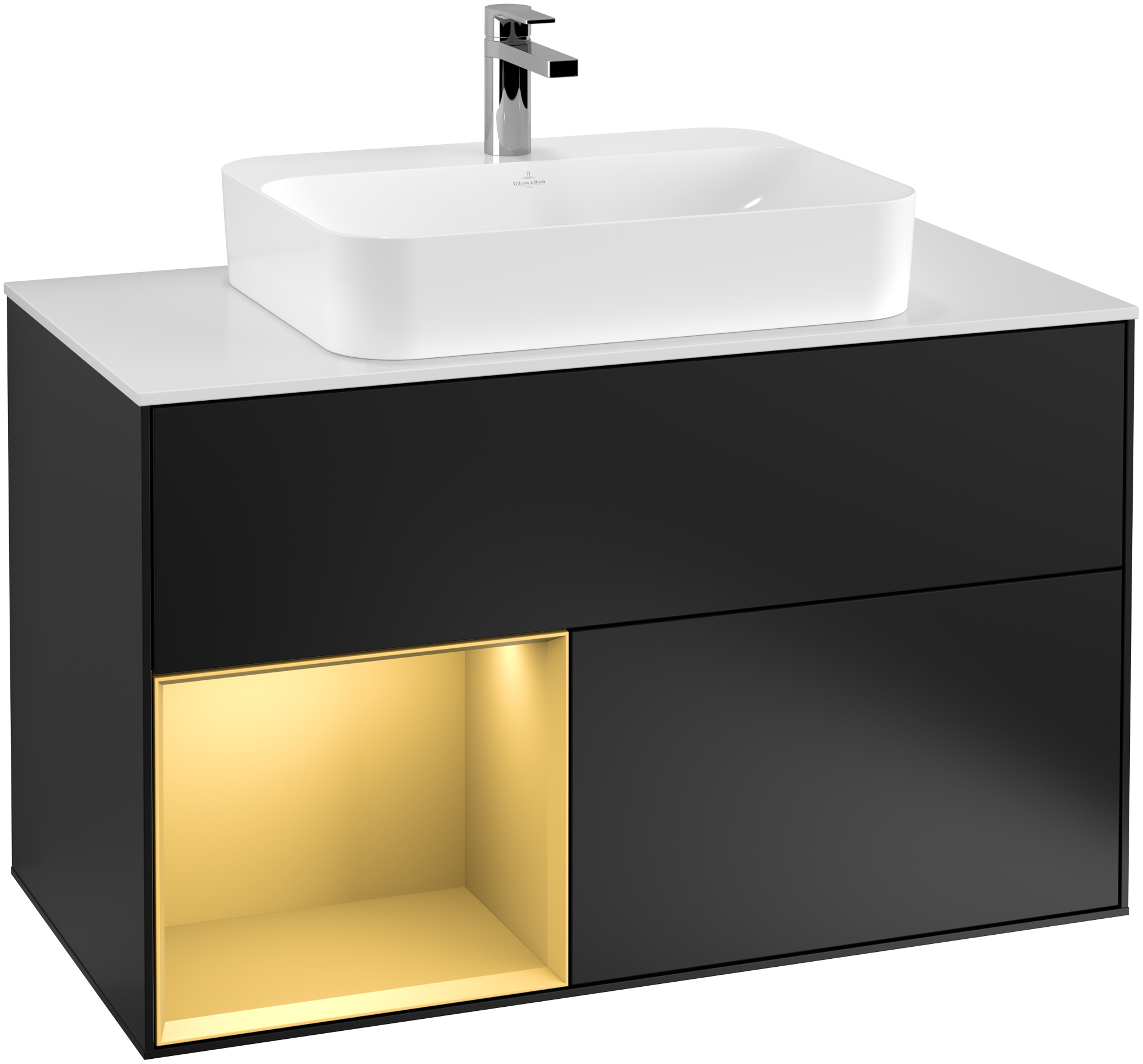 Villeroy & Boch Finion Meuble sous plan, avec éclairage, 2 tiroirs sur rails, 1000x603x501mm, Caisson: Black Matt Lacquer, Façade: Black Matt Lacquer, Élément d’étagère: Gold Matt Lacquer, Plaque de recouvrement: Glass White Matt