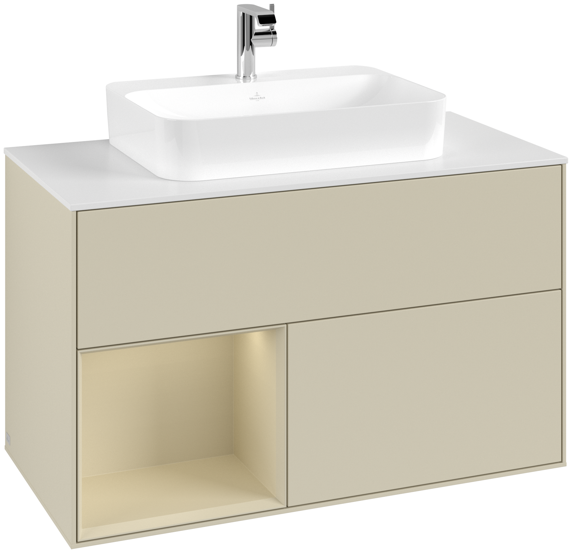 Villeroy & Boch Finion Waschbeckenunterschrank, mit Beleuchtung, 2 Auszüge, 1000x603x501mm, Korpus: Silk Grey Matt Lacquer, Front: Silk Grey Matt Lacquer, Regalelement: Silk Grey Matt Lacquer, Abdeckplatte: Glass White Matt