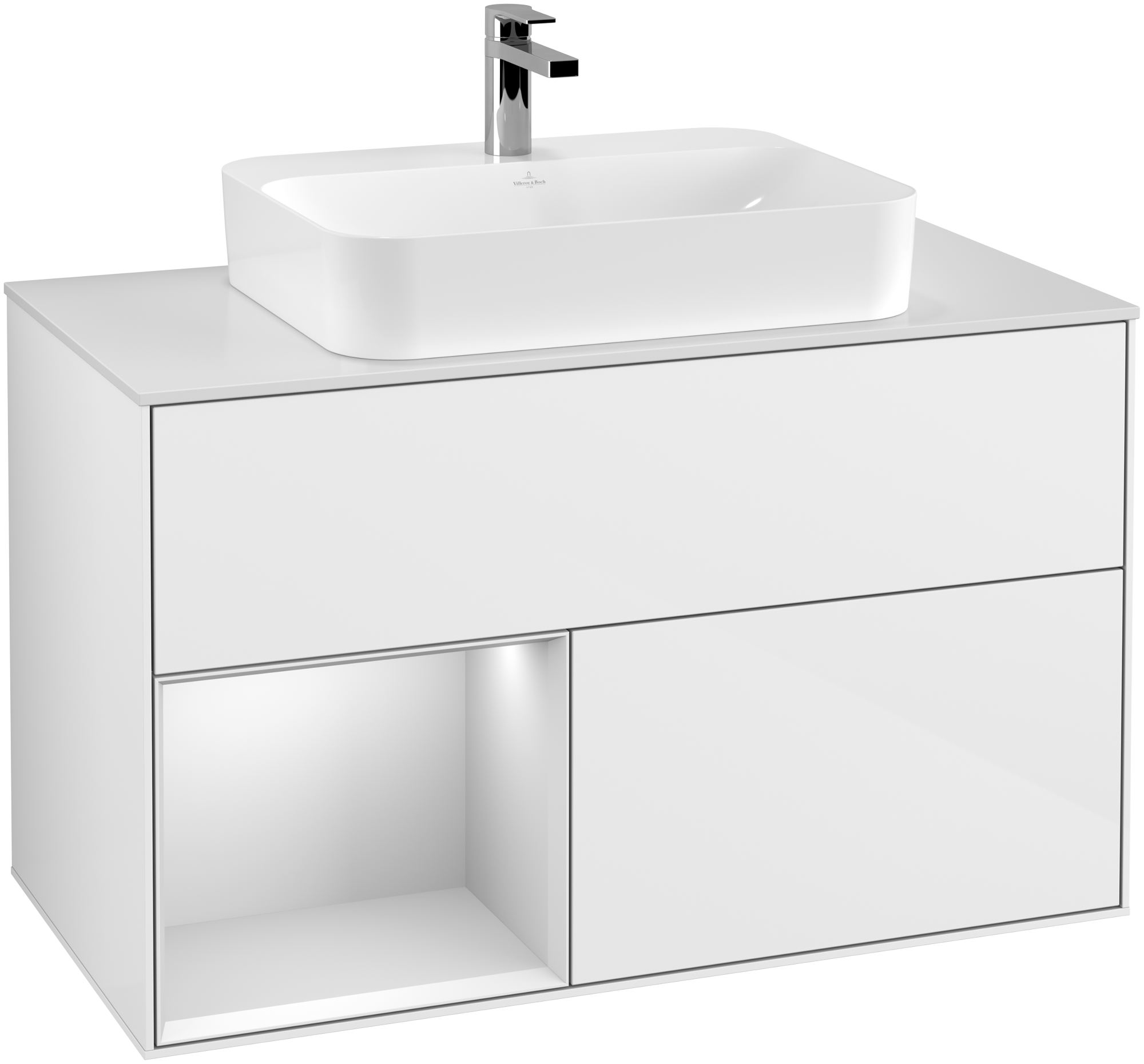 Villeroy & Boch Finion Meuble sous plan, avec éclairage, 2 tiroirs sur rails, 1000x603x501mm, Caisson: Glossy White Lacquer, Façade: Glossy White Lacquer, Élément d’étagère: White Matt Lacquer, Plaque de recouvrement: Glass White Matt