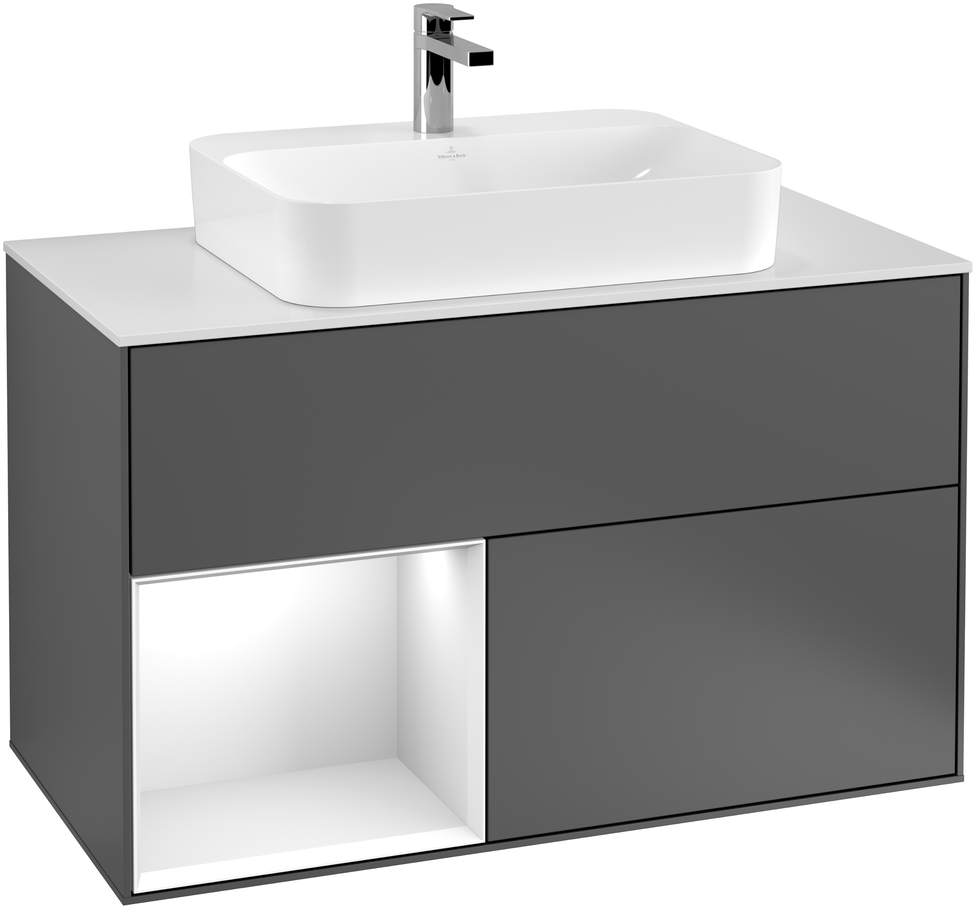 Villeroy & Boch Finion Meuble sous plan, avec éclairage, 2 tiroirs sur rails, 1000x603x501mm, Caisson: Anthracite Matt Lacquer, Façade: Anthracite Matt Lacquer, Élément d’étagère: White Matt Lacquer, Plaque de recouvrement: Glass White Matt