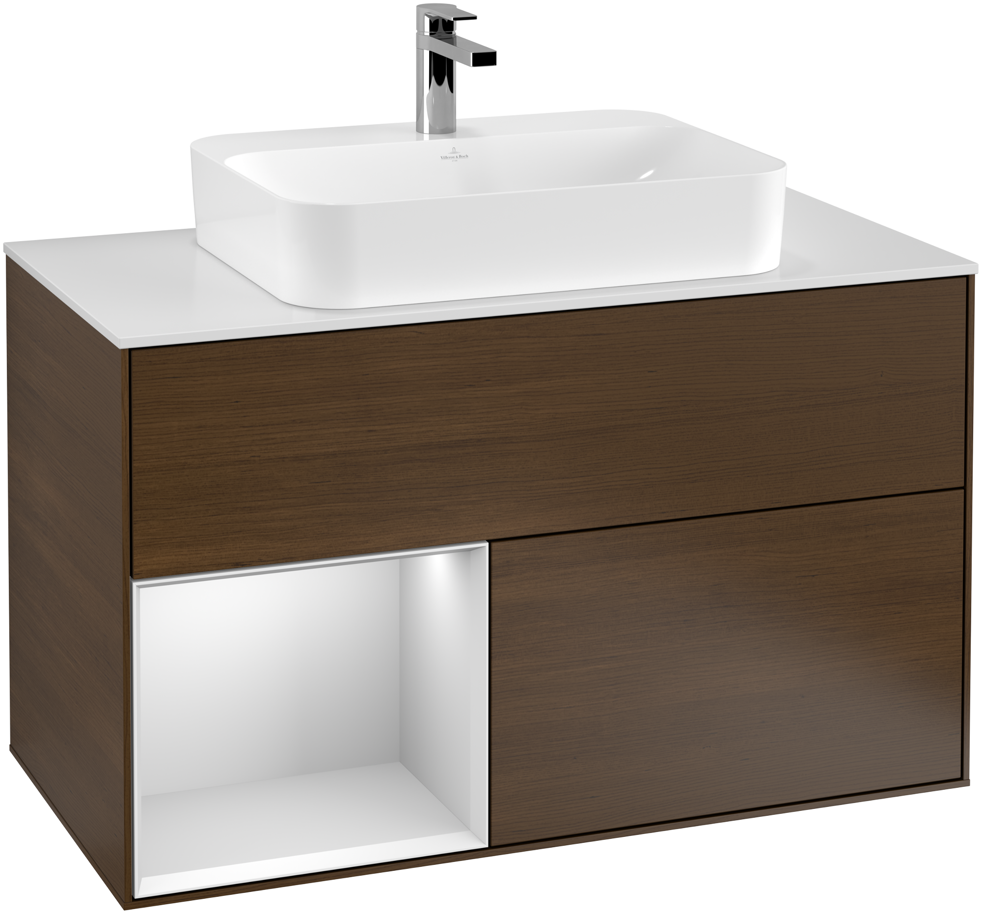 Villeroy & Boch Finion Meuble sous plan, avec éclairage, 2 tiroirs sur rails, 1000x603x501mm, Caisson: Walnut Veneer, Façade: Walnut Veneer, Élément d’étagère: White Matt Lacquer, Plaque de recouvrement: Glass White Matt