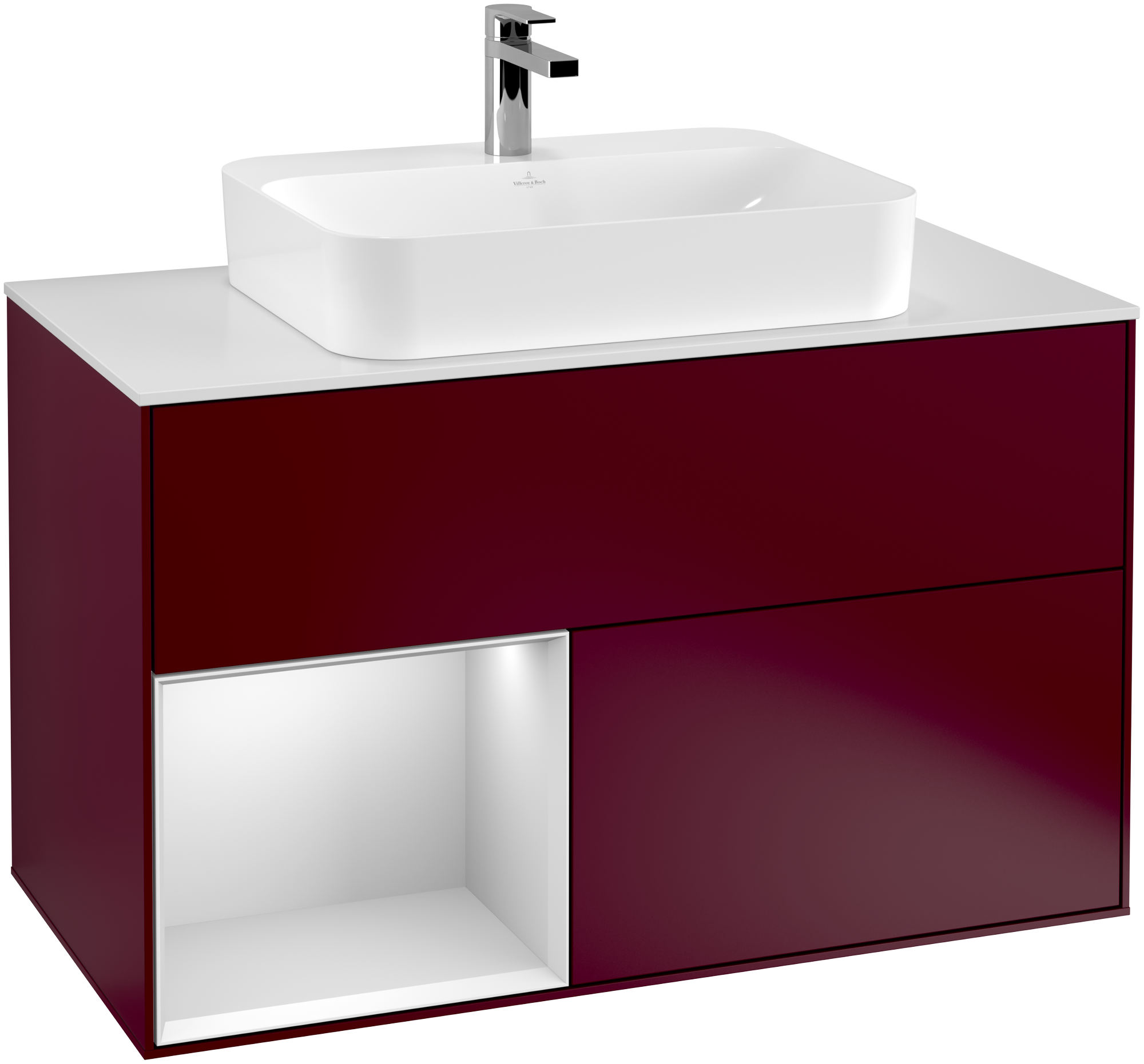 Villeroy & Boch Finion Meuble sous plan, avec éclairage, 2 tiroirs sur rails, 1000x603x501mm, Caisson: Peony Matt Lacquer, Façade: Peony Matt Lacquer, Élément d’étagère: White Matt Lacquer, Plaque de recouvrement: Glass White Matt