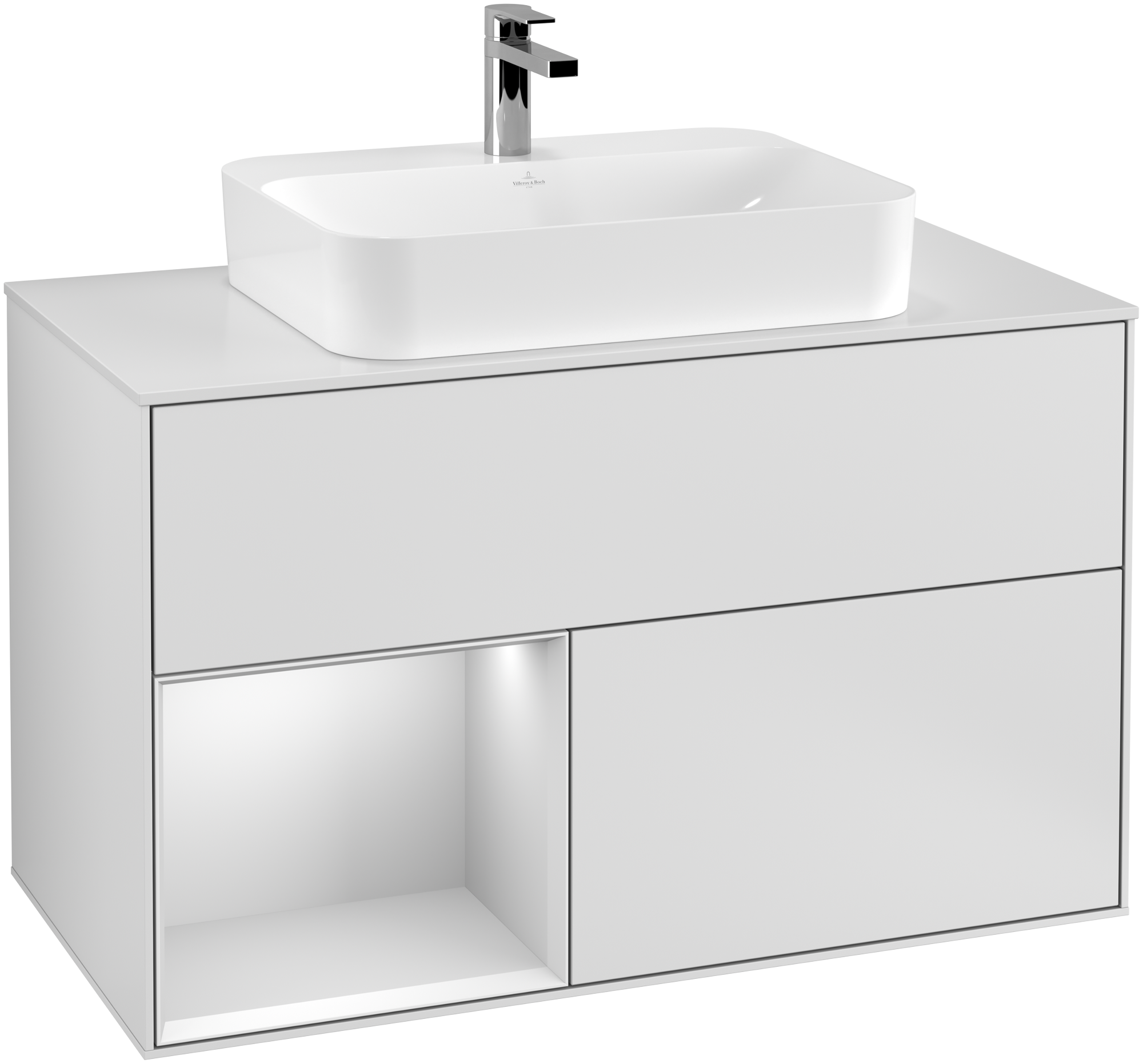 Villeroy & Boch Finion Meuble sous plan, avec éclairage, 2 tiroirs sur rails, 1000x603x501mm, Caisson: White Matt Lacquer, Façade: White Matt Lacquer, Élément d’étagère: White Matt Lacquer, Plaque de recouvrement: Glass White Matt