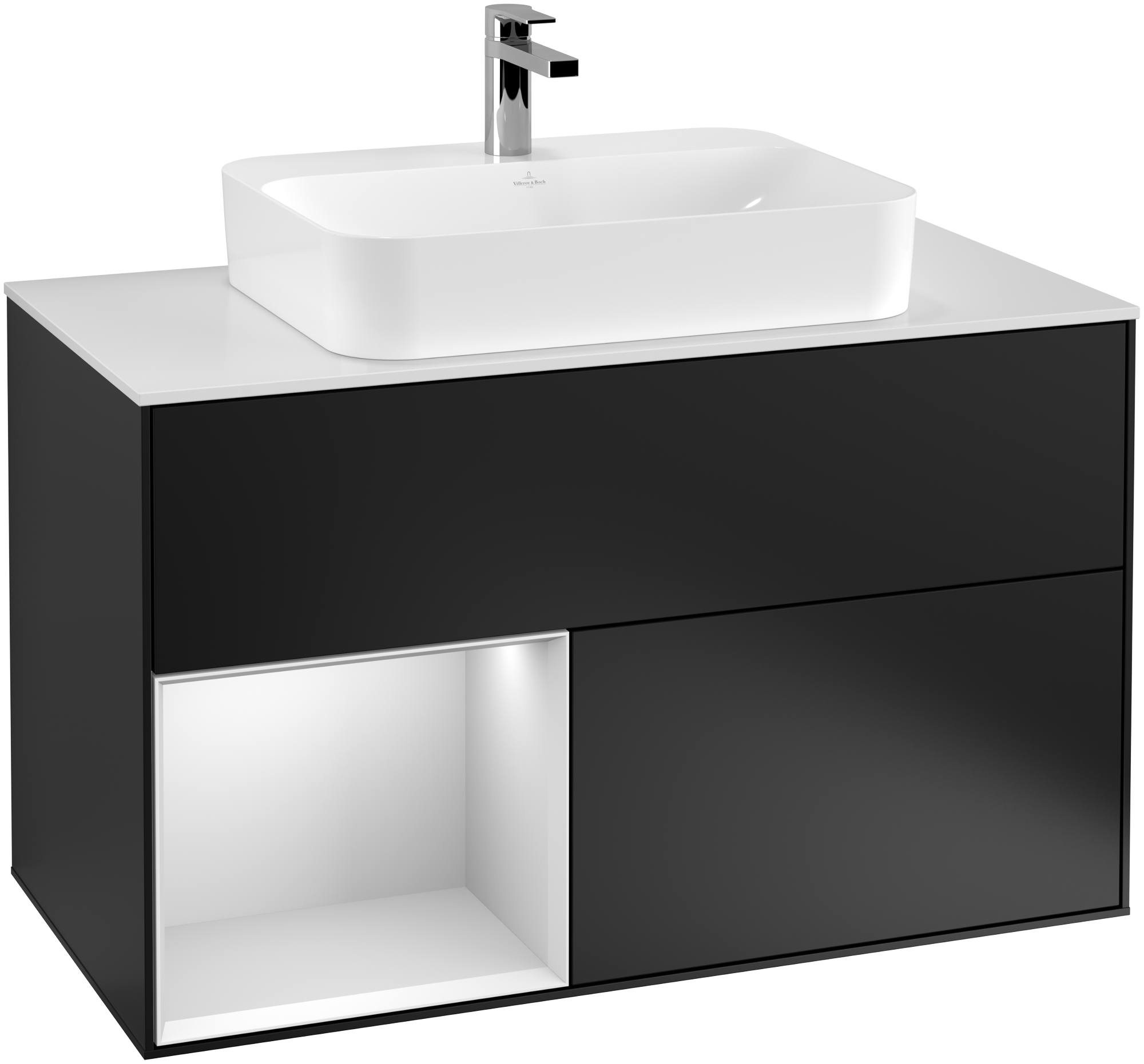 Villeroy & Boch Finion Meuble sous plan, avec éclairage, 2 tiroirs sur rails, 1000x603x501mm, Caisson: Black Matt Lacquer, Façade: Black Matt Lacquer, Élément d’étagère: White Matt Lacquer, Plaque de recouvrement: Glass White Matt