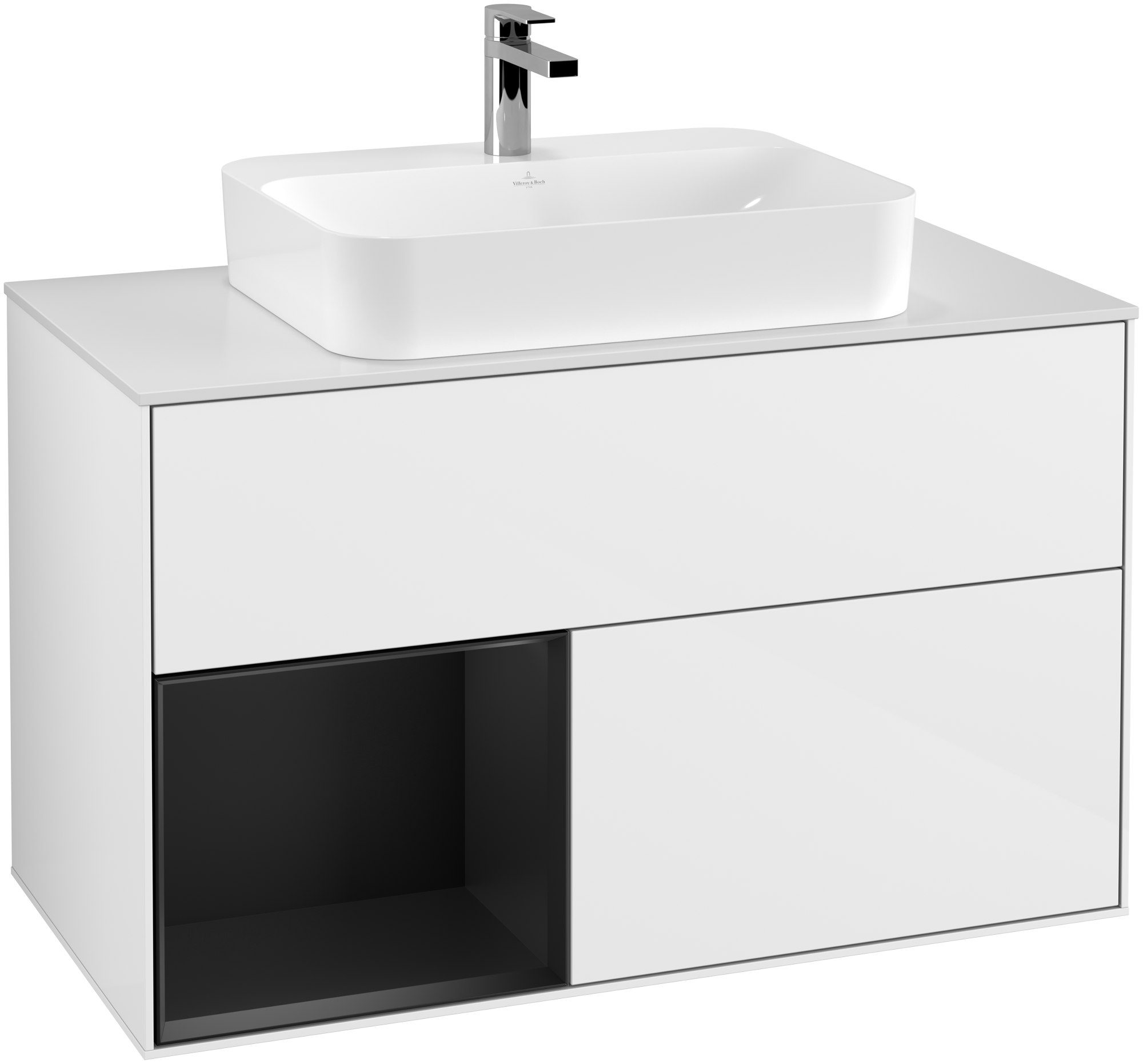 Villeroy & Boch Finion Meuble sous plan, avec éclairage, 2 tiroirs sur rails, 1000x603x501mm, Caisson: Glossy White Lacquer, Façade: Glossy White Lacquer, Élément d’étagère: Black Matt Lacquer, Plaque de recouvrement: Glass White Matt