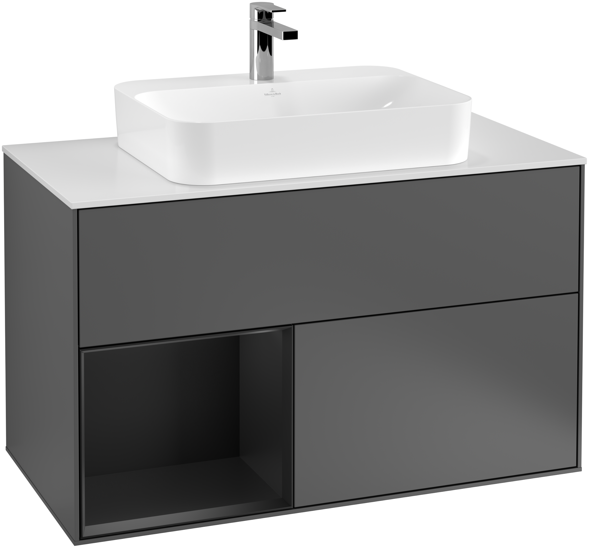 Villeroy & Boch Finion Meuble sous plan, avec éclairage, 2 tiroirs sur rails, 1000x603x501mm, Caisson: Anthracite Matt Lacquer, Façade: Anthracite Matt Lacquer, Élément d’étagère: Black Matt Lacquer, Plaque de recouvrement: Glass White Matt