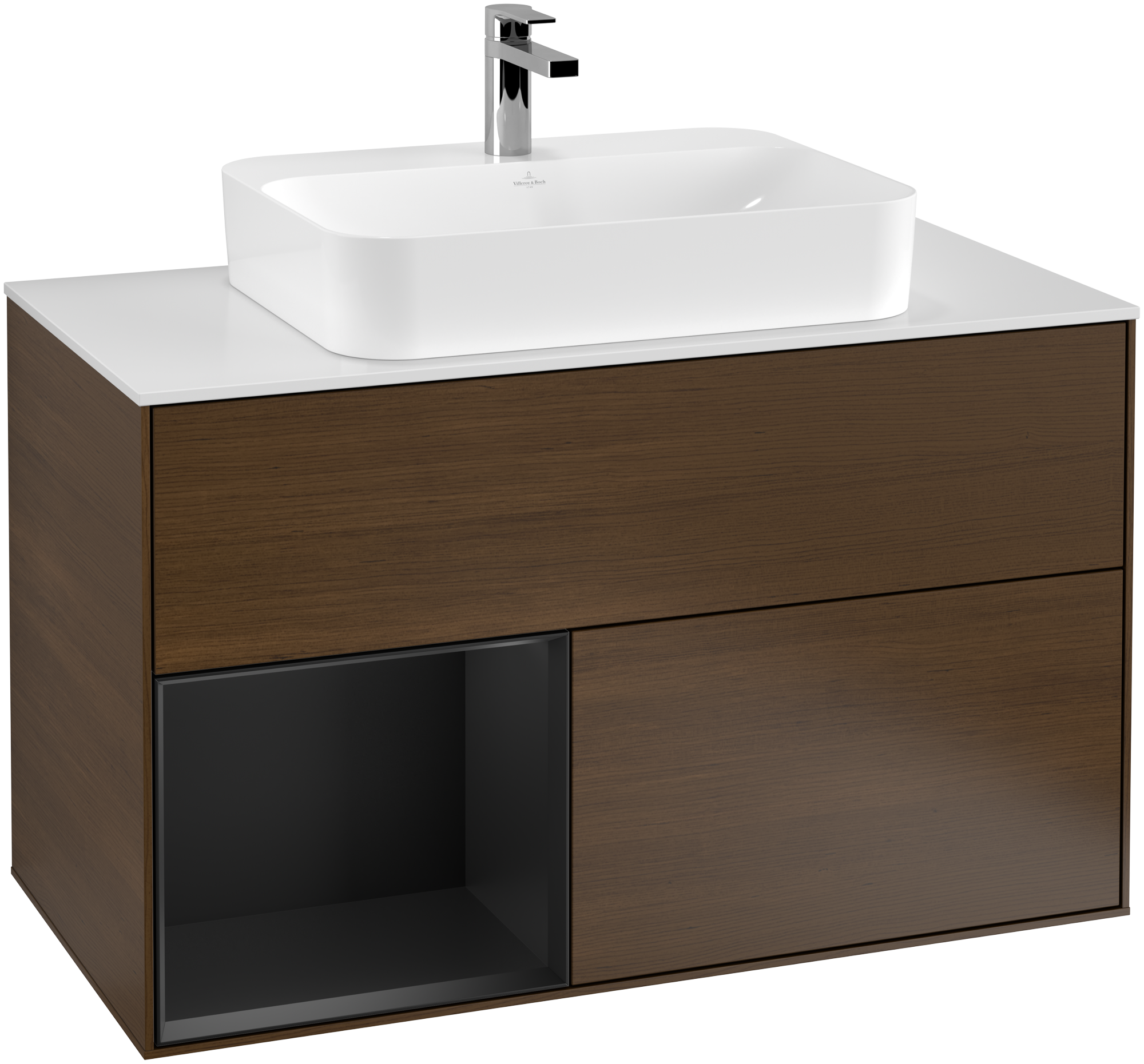 Villeroy & Boch Finion Meuble sous plan, avec éclairage, 2 tiroirs sur rails, 1000x603x501mm, Caisson: Walnut Veneer, Façade: Walnut Veneer, Élément d’étagère: Black Matt Lacquer, Plaque de recouvrement: Glass White Matt