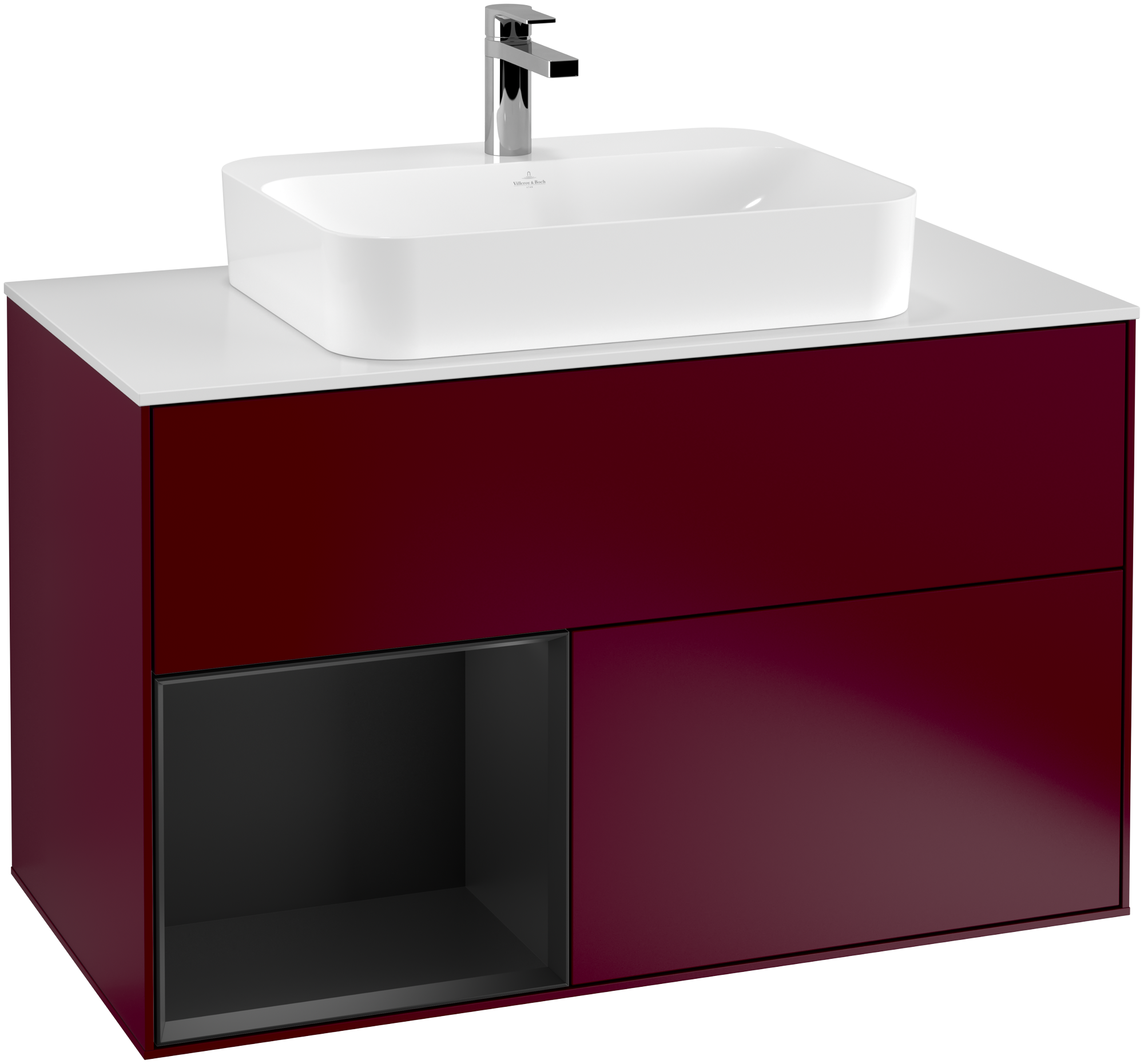 Villeroy & Boch Finion Meuble sous plan, avec éclairage, 2 tiroirs sur rails, 1000x603x501mm, Caisson: Peony Matt Lacquer, Façade: Peony Matt Lacquer, Élément d’étagère: Black Matt Lacquer, Plaque de recouvrement: Glass White Matt