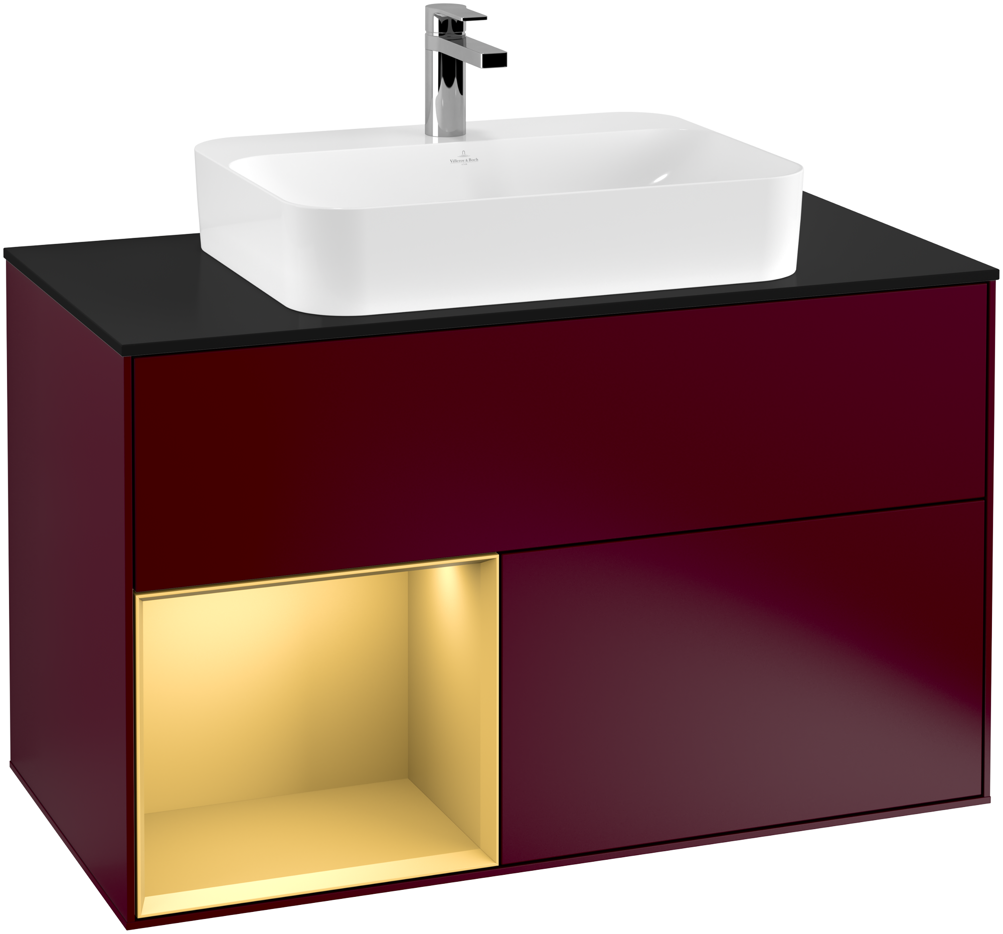 Villeroy & Boch Finion Vanity unit, with lighting, 2 pull-out compartments, 1000x603x501mm, Body: Peony Matt Lacquer, Front: Peony Matt Lacquer, Shelf: Gold Matt Lacquer, Cover plate: Glass Black Matt