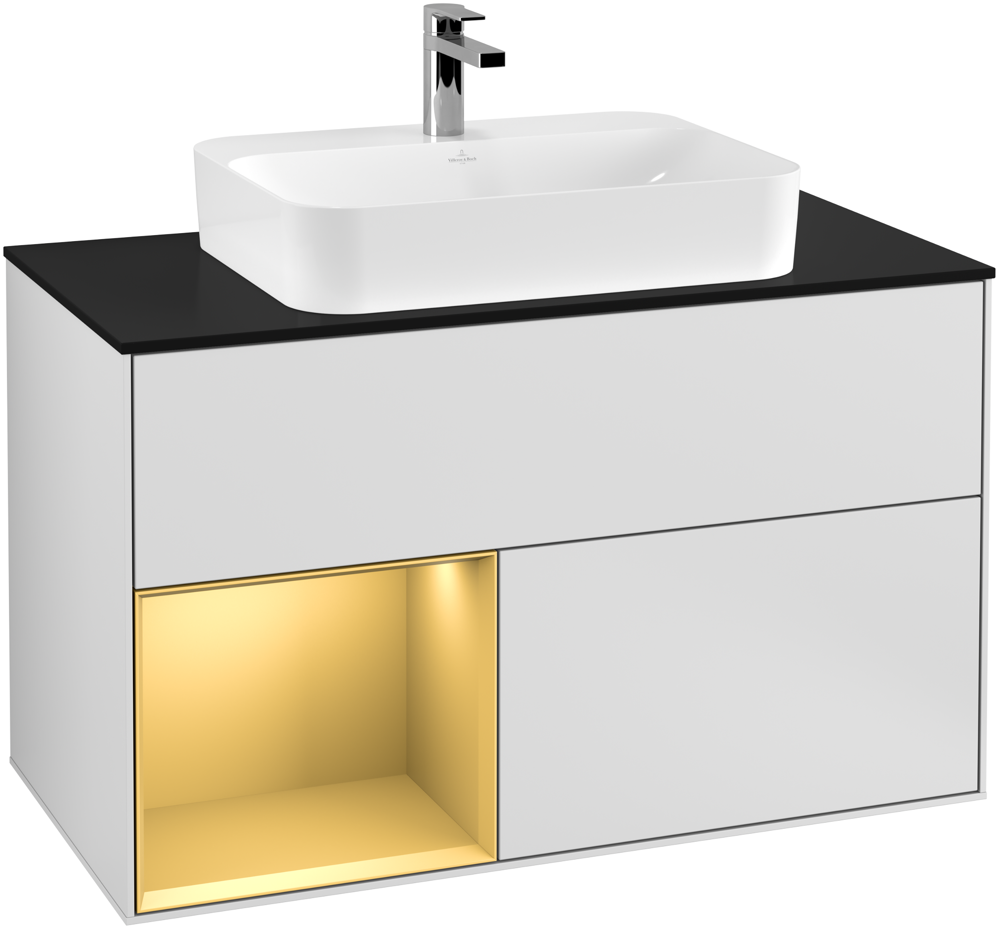 Villeroy & Boch Finion Vanity unit, with lighting, 2 pull-out compartments, 1000x603x501mm, Body: White Matt Lacquer, Front: White Matt Lacquer, Shelf: Gold Matt Lacquer, Cover plate: Glass Black Matt