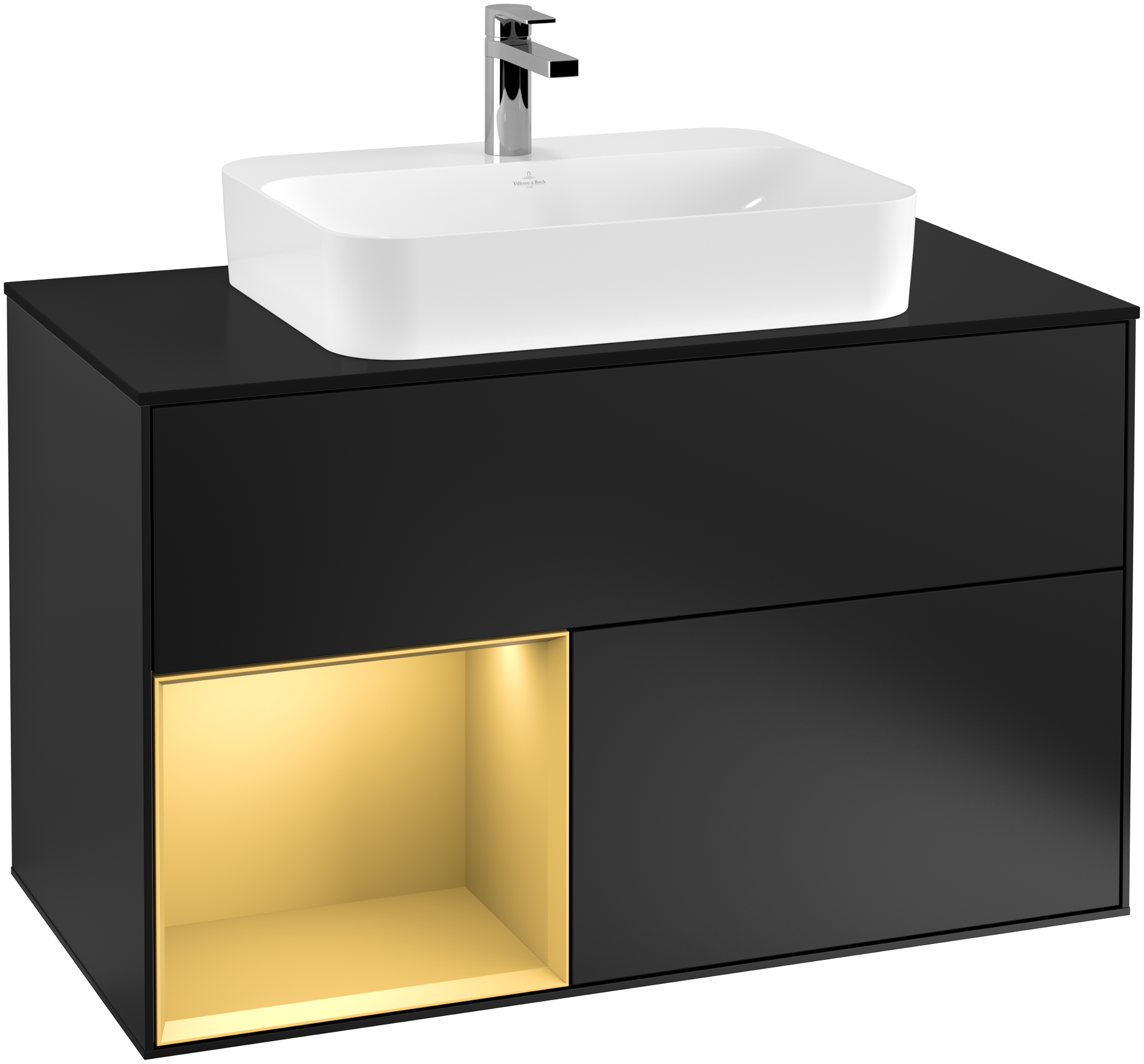 Villeroy & Boch Finion Vanity unit, with lighting, 2 pull-out compartments, 1000x603x501mm, Body: Black Matt Lacquer, Front: Black Matt Lacquer, Shelf: Gold Matt Lacquer, Cover plate: Glass Black Matt