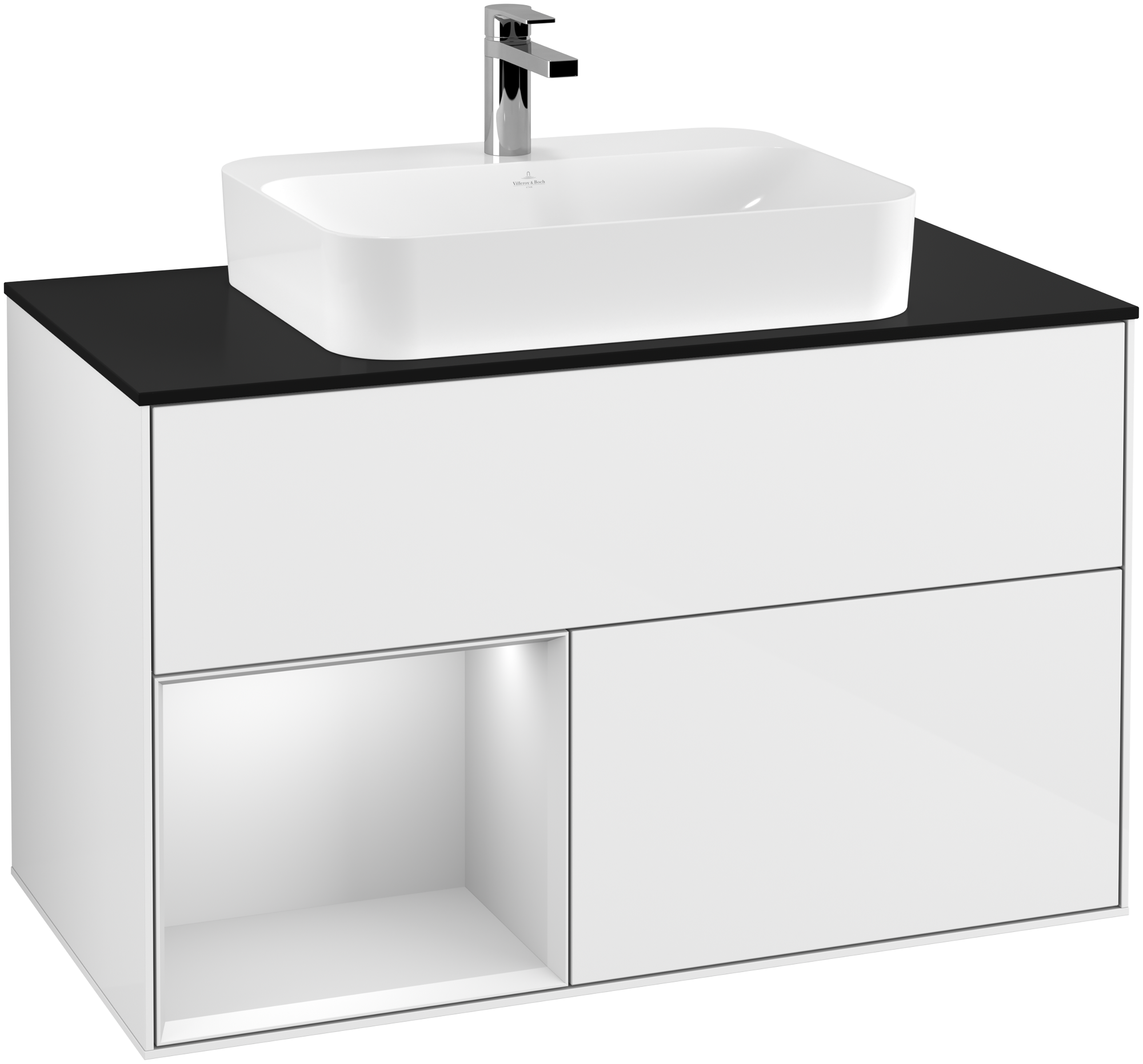 Villeroy & Boch Finion Vanity unit, with lighting, 2 pull-out compartments, 1000x603x501mm, Body: Glossy White Lacquer, Front: Glossy White Lacquer, Shelf: White Matt Lacquer, Cover plate: Glass Black Matt