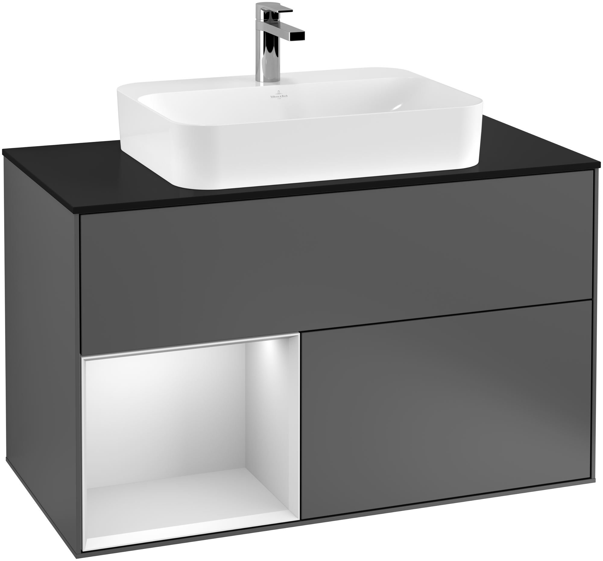 Villeroy & Boch Finion Vanity unit, with lighting, 2 pull-out compartments, 1000x603x501mm, Body: Anthracite Matt Lacquer, Front: Anthracite Matt Lacquer, Shelf: White Matt Lacquer, Cover plate: Glass Black Matt