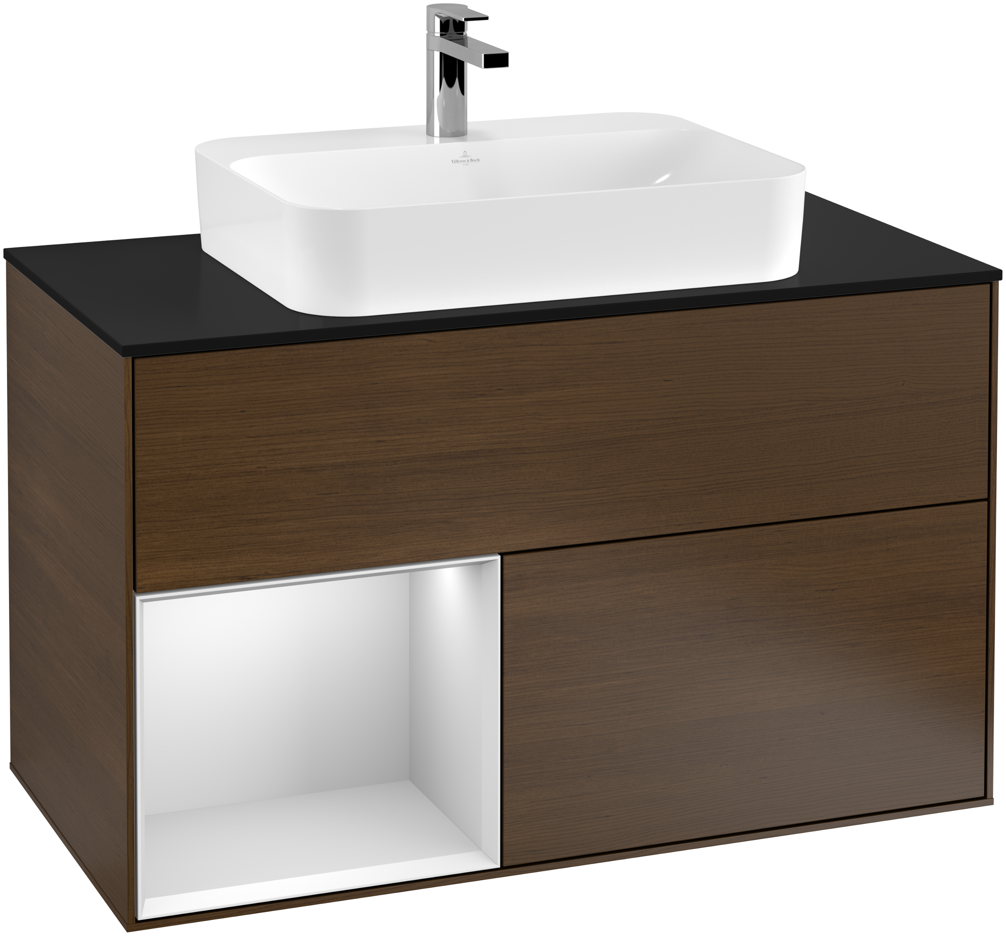 Villeroy & Boch Finion Vanity unit, with lighting, 2 pull-out compartments, 1000x603x501mm, Body: Walnut Veneer, Front: Walnut Veneer, Shelf: White Matt Lacquer, Cover plate: Glass Black Matt