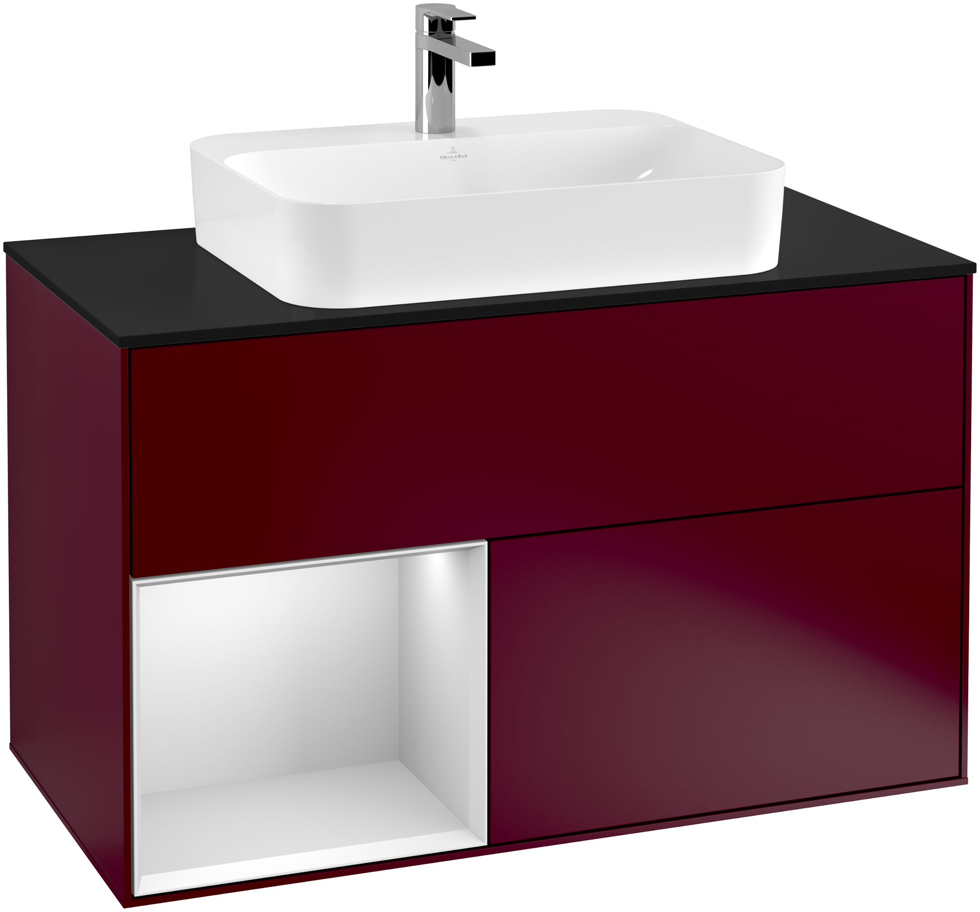 Villeroy & Boch Finion Vanity unit, with lighting, 2 pull-out compartments, 1000x603x501mm, Body: Peony Matt Lacquer, Front: Peony Matt Lacquer, Shelf: White Matt Lacquer, Cover plate: Glass Black Matt