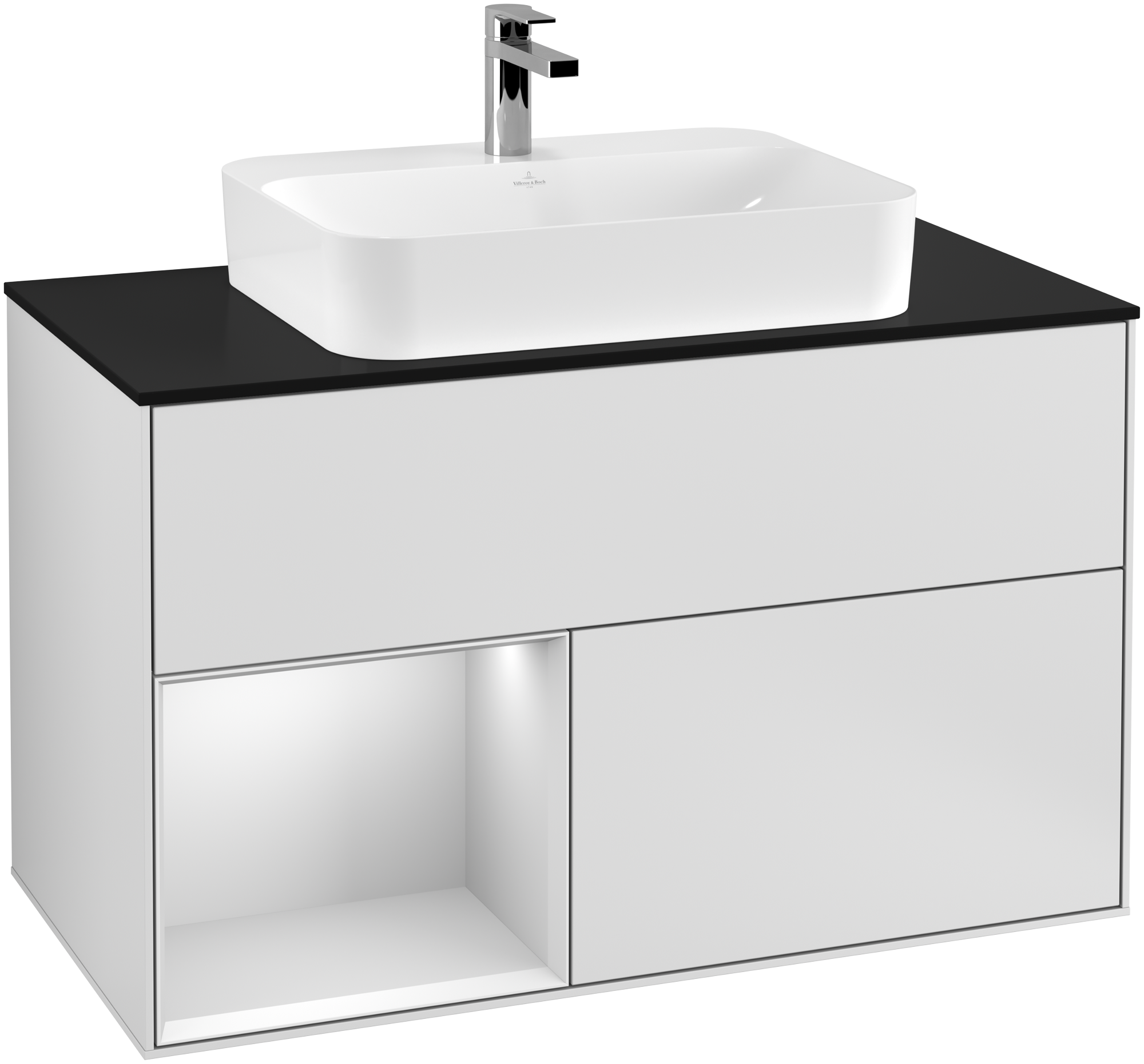 Villeroy & Boch Finion Vanity unit, with lighting, 2 pull-out compartments, 1000x603x501mm, Body: White Matt Lacquer, Front: White Matt Lacquer, Shelf: White Matt Lacquer, Cover plate: Glass Black Matt