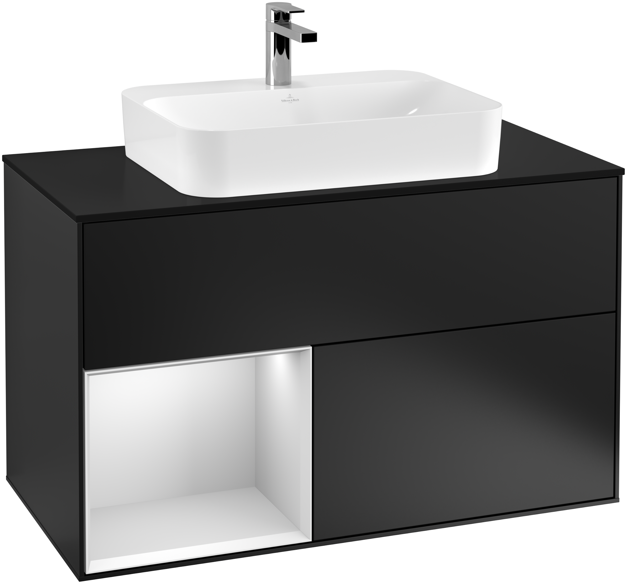 Villeroy & Boch Finion Vanity unit, with lighting, 2 pull-out compartments, 1000x603x501mm, Body: Black Matt Lacquer, Front: Black Matt Lacquer, Shelf: White Matt Lacquer, Cover plate: Glass Black Matt