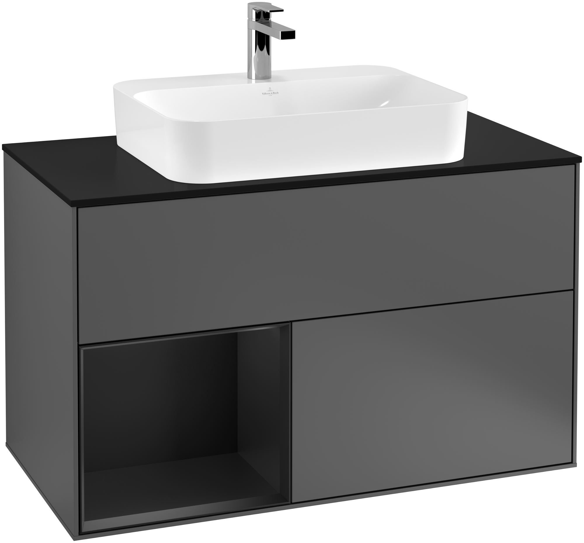 Villeroy & Boch Finion Vanity unit, with lighting, 2 pull-out compartments, 1000x603x501mm, Body: Anthracite Matt Lacquer, Front: Anthracite Matt Lacquer, Shelf: Black Matt Lacquer, Cover plate: Glass Black Matt