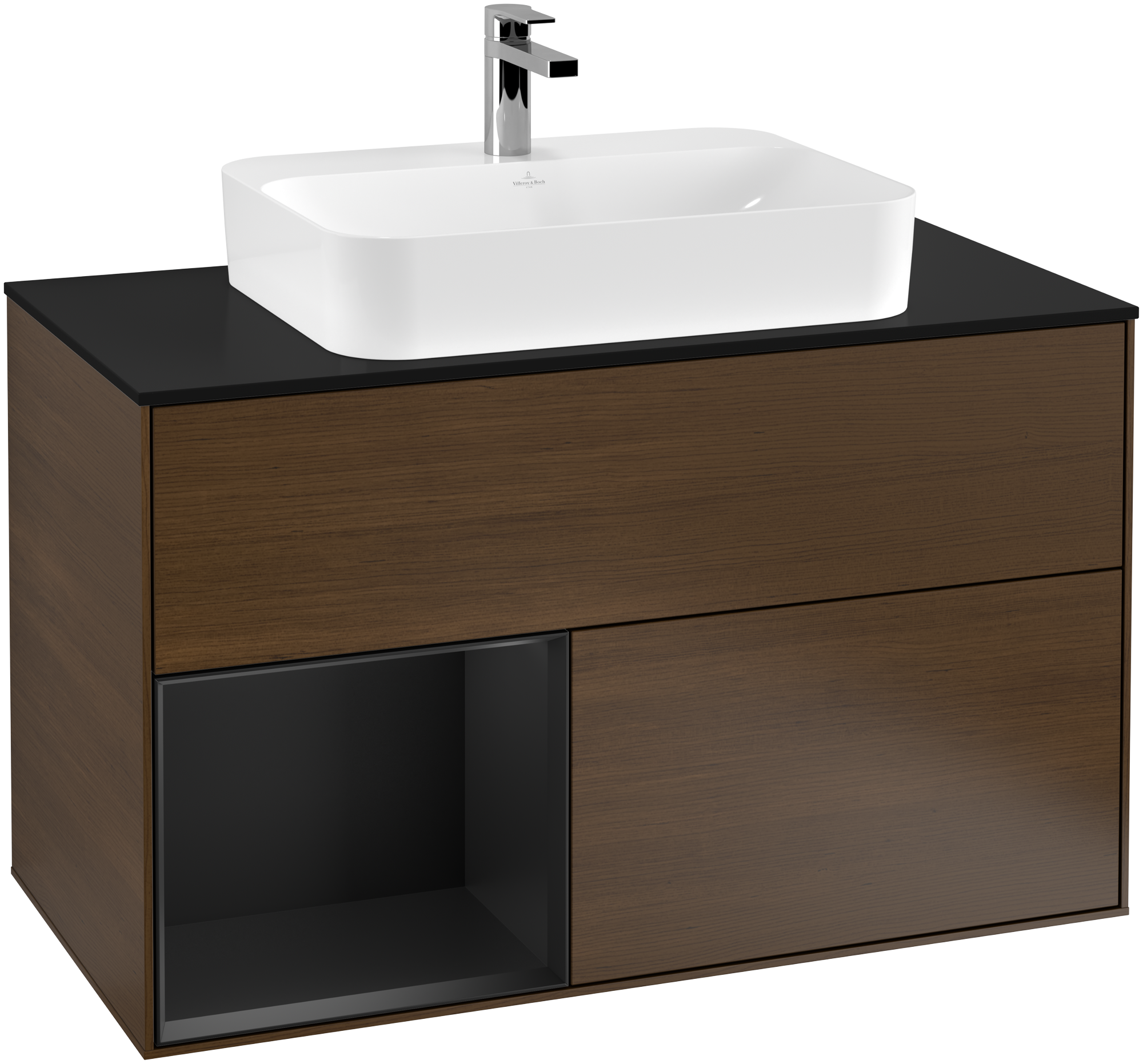 Villeroy & Boch Finion Vanity unit, with lighting, 2 pull-out compartments, 1000x603x501mm, Body: Walnut Veneer, Front: Walnut Veneer, Shelf: Black Matt Lacquer, Cover plate: Glass Black Matt