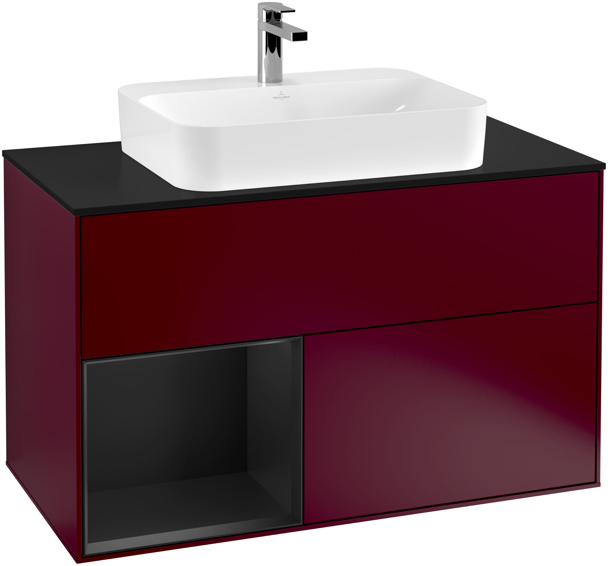 Villeroy & Boch Finion Vanity unit, with lighting, 2 pull-out compartments, 1000x603x501mm, Body: Peony Matt Lacquer, Front: Peony Matt Lacquer, Shelf: Black Matt Lacquer, Cover plate: Glass Black Matt
