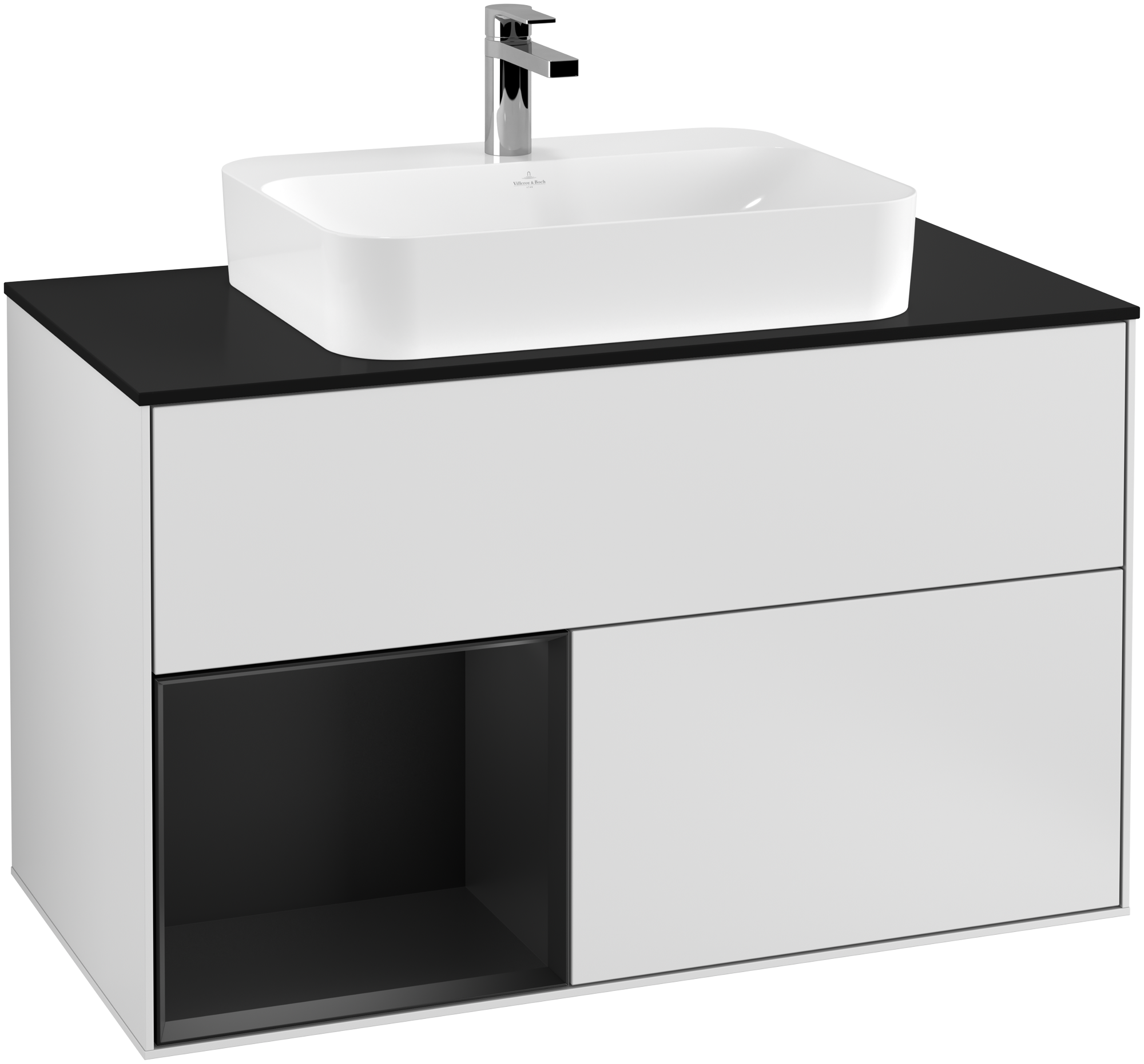 Villeroy & Boch Finion Vanity unit, with lighting, 2 pull-out compartments, 1000x603x501mm, Body: White Matt Lacquer, Front: White Matt Lacquer, Shelf: Black Matt Lacquer, Cover plate: Glass Black Matt