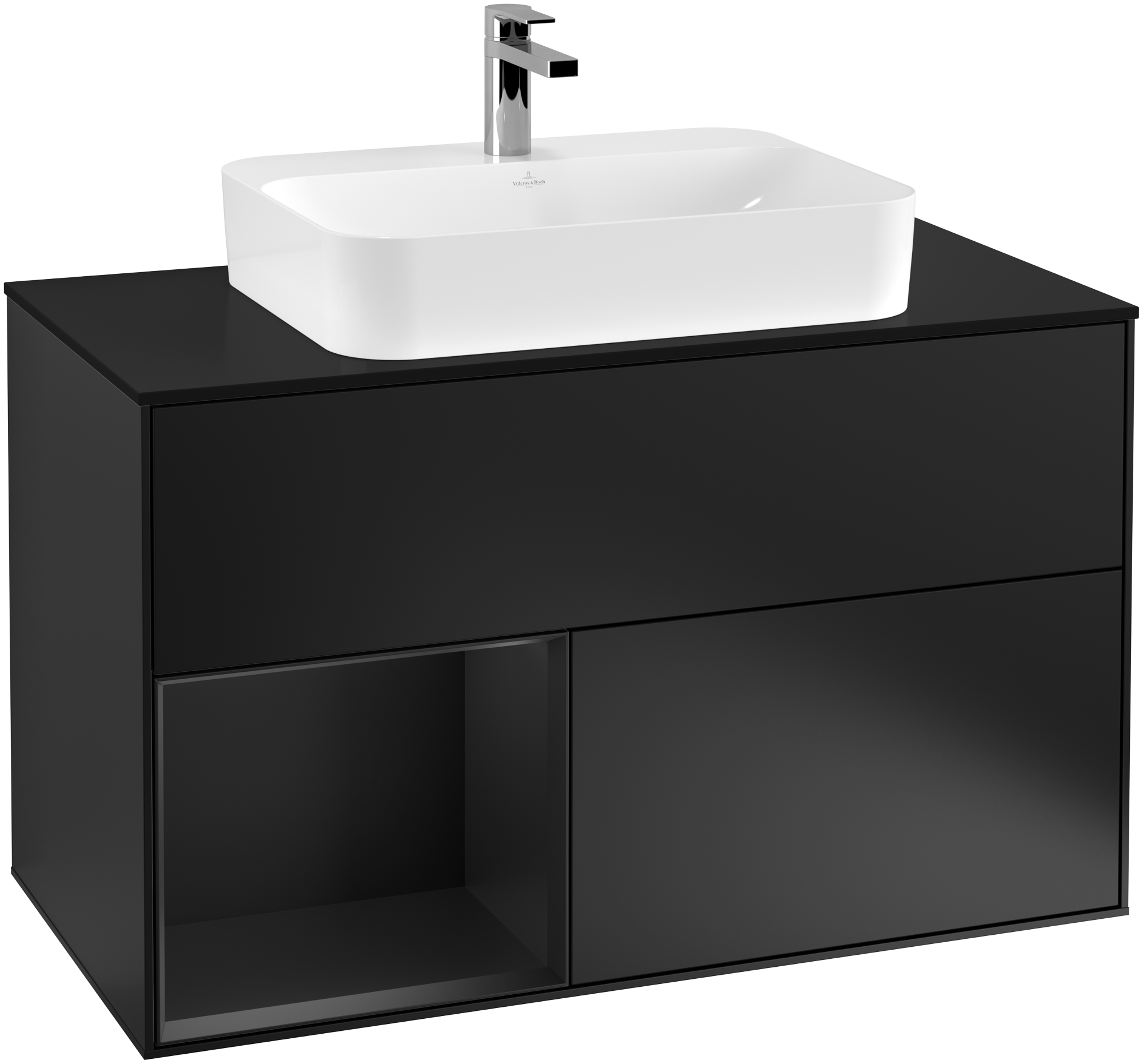Villeroy & Boch Finion Vanity unit, with lighting, 2 pull-out compartments, 1000x603x501mm, Body: Black Matt Lacquer, Front: Black Matt Lacquer, Shelf: Black Matt Lacquer, Cover plate: Glass Black Matt