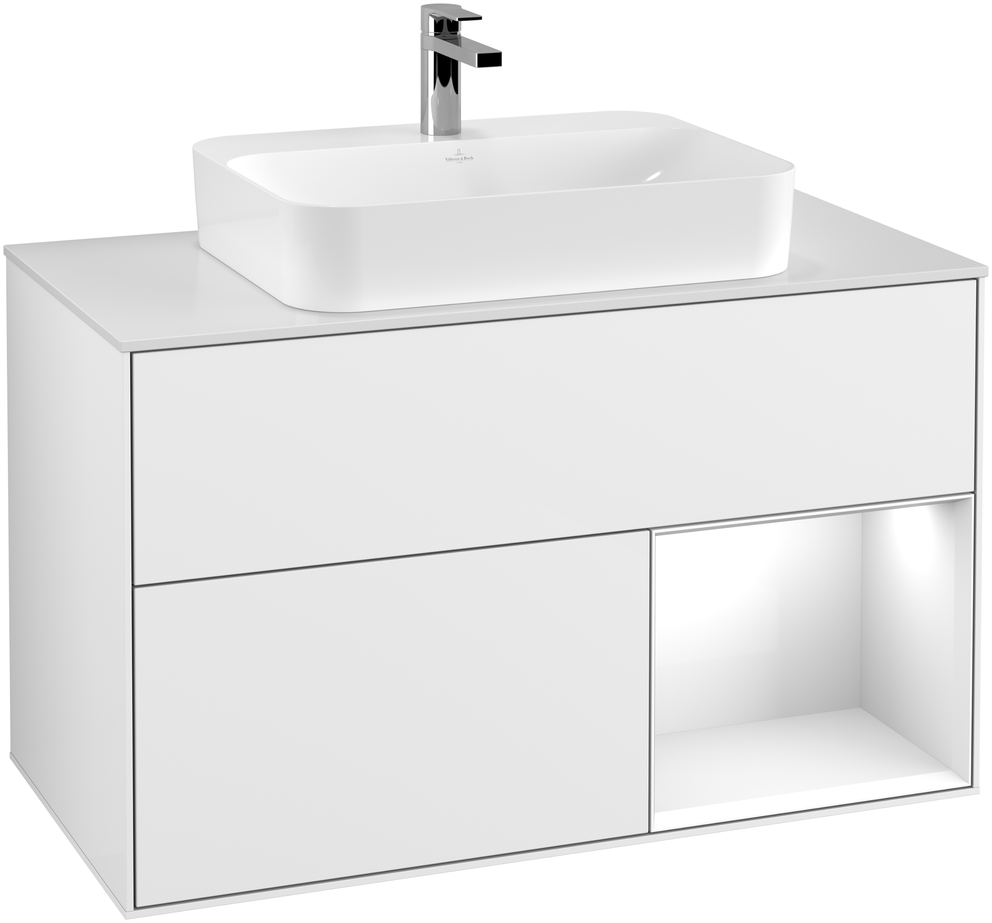 Villeroy & Boch Finion Vanity unit, with lighting, 2 pull-out compartments, 1000x603x501mm, Body: Glossy White Lacquer, Front: Glossy White Lacquer, Shelf: Glossy White Lacquer, Cover plate: Glass White Matt