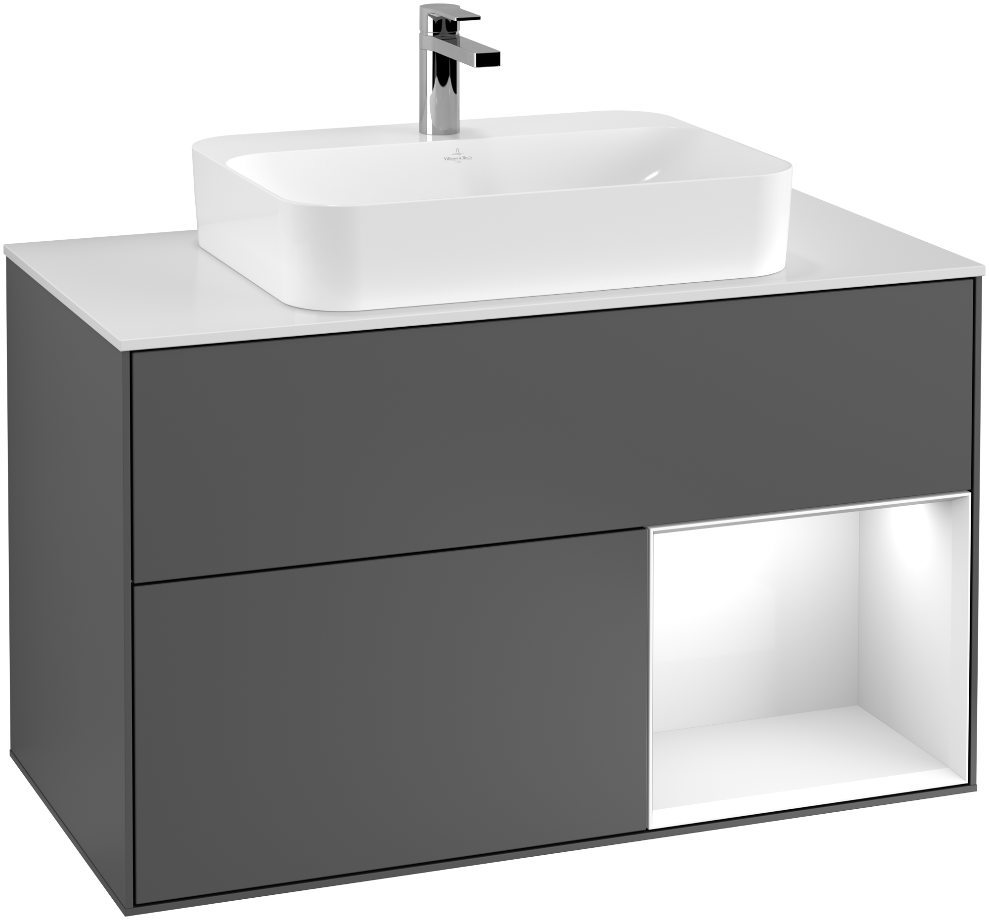 Villeroy & Boch Finion Vanity unit, with lighting, 2 pull-out compartments, 1000x603x501mm, Body: Anthracite Matt Lacquer, Front: Anthracite Matt Lacquer, Shelf: Glossy White Lacquer, Cover plate: Glass White Matt