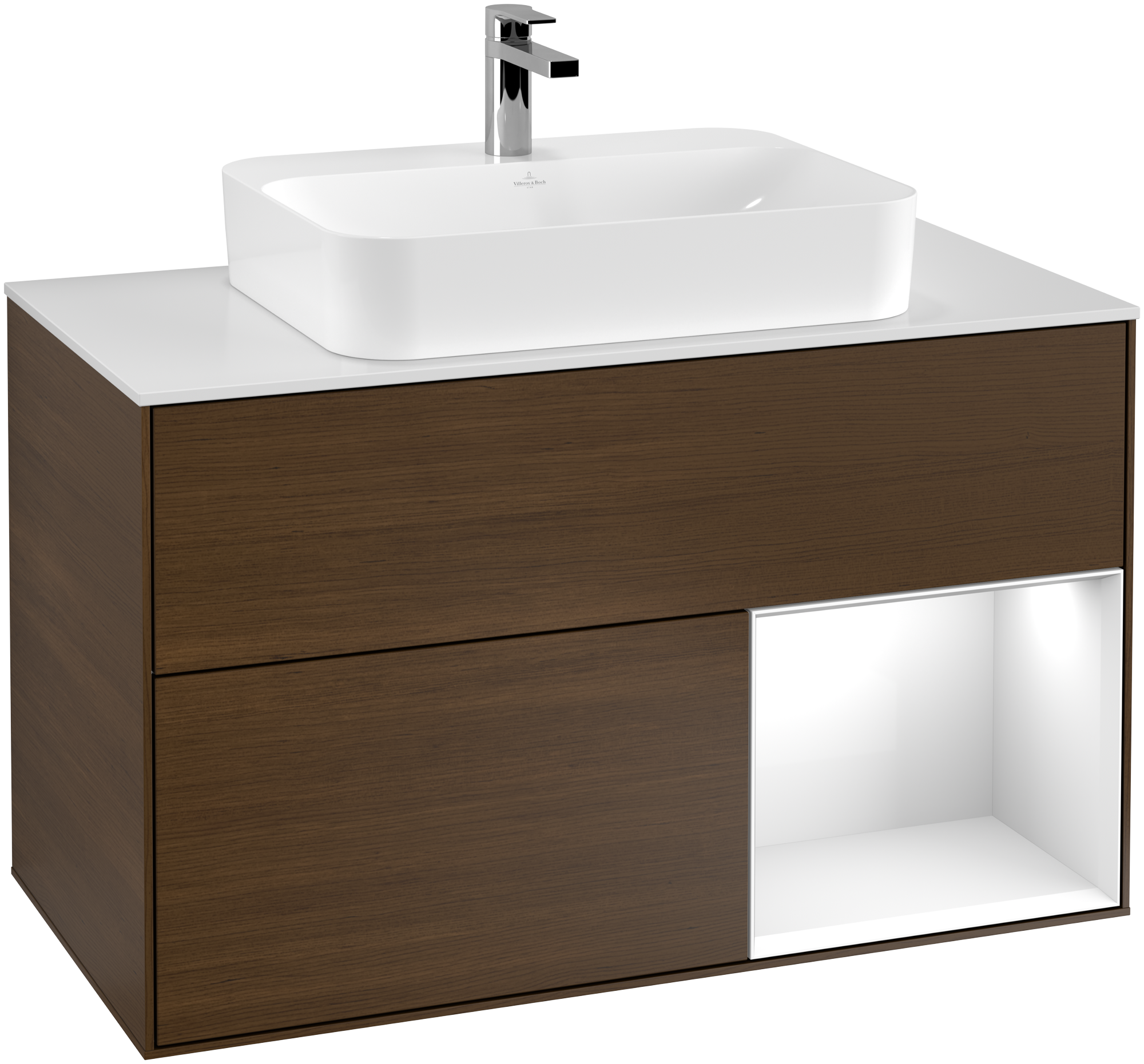 Villeroy & Boch Finion Vanity unit, with lighting, 2 pull-out compartments, 1000x603x501mm, Body: Walnut Veneer, Front: Walnut Veneer, Shelf: Glossy White Lacquer, Cover plate: Glass White Matt