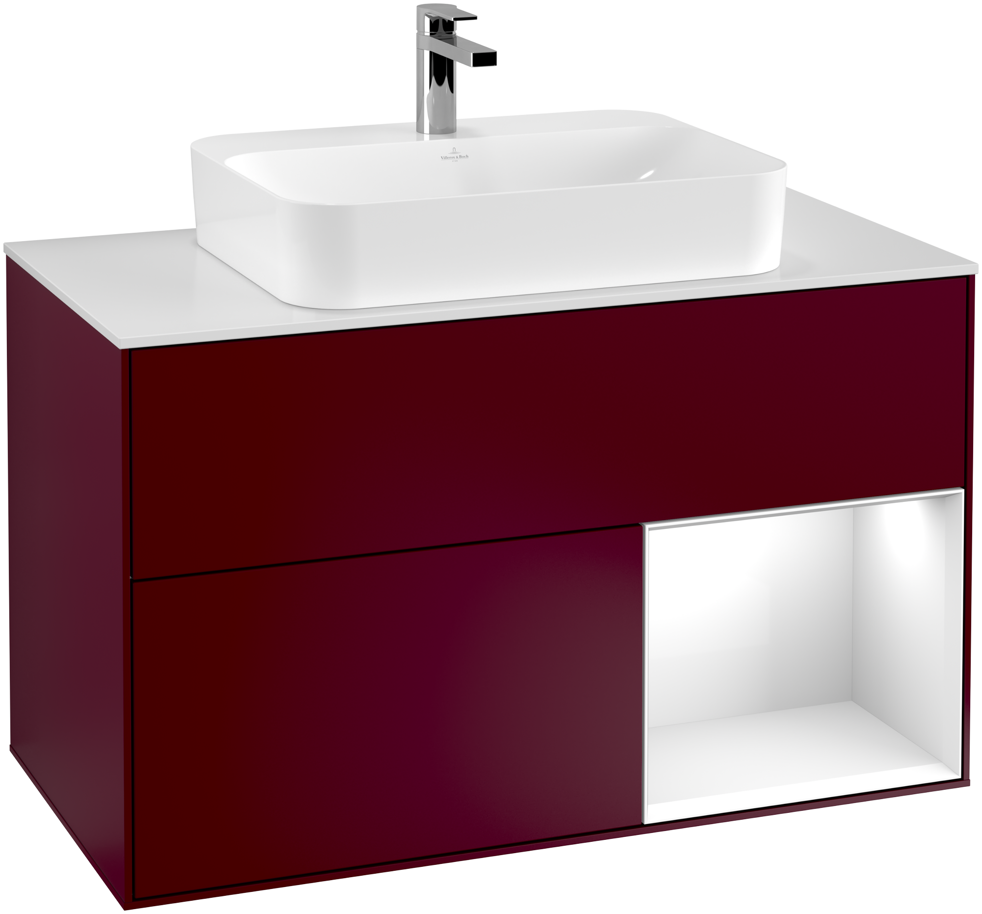 Villeroy & Boch Finion Vanity unit, with lighting, 2 pull-out compartments, 1000x603x501mm, Body: Peony Matt Lacquer, Front: Peony Matt Lacquer, Shelf: Glossy White Lacquer, Cover plate: Glass White Matt